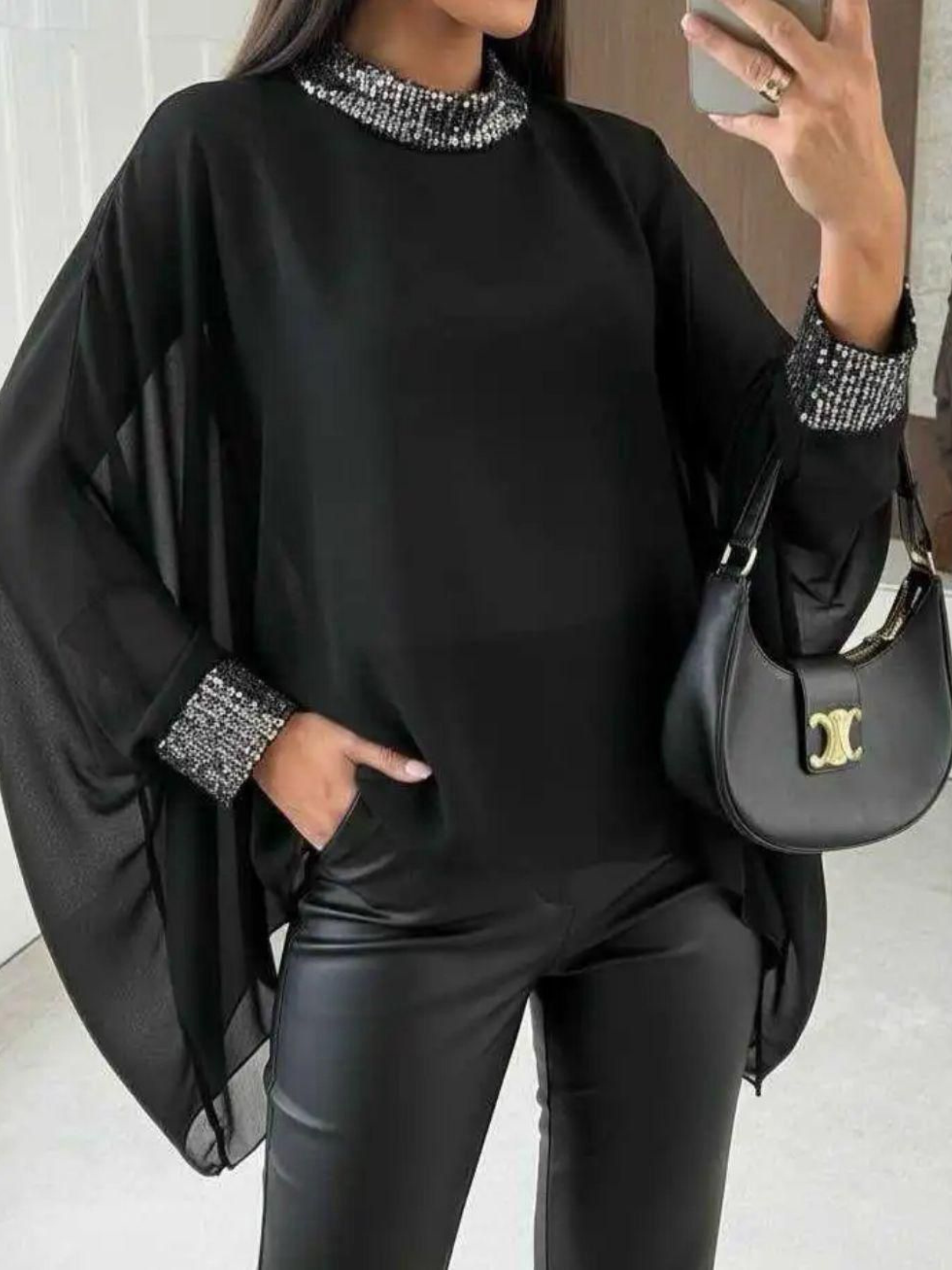 QBAW25 BC Black & Sequin Embellished Mesh Top with sheer mesh sleeves and sequin neckline detailing, perfect for elegant evening outfits and special occasions.