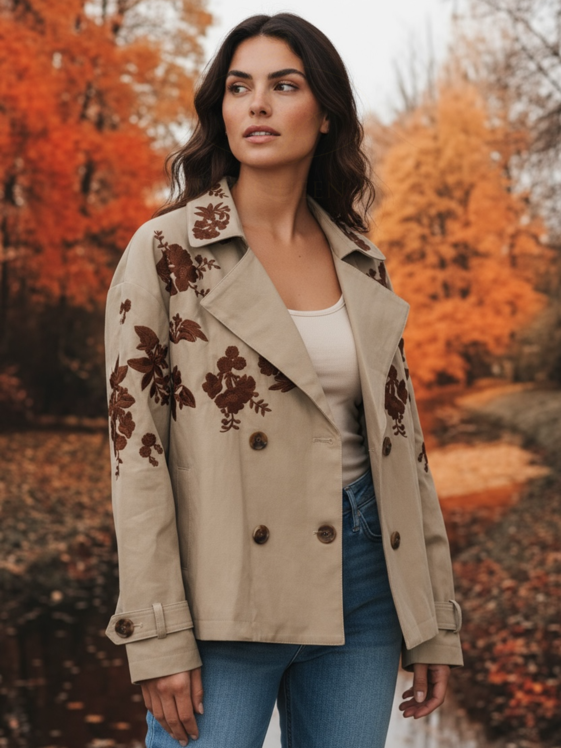QBAW25 BC Lucy Taupe Floral Jacket featuring elegant floral embroidery on the shoulders and sleeves, double-breasted front with button fastening, and a tailored fit perfect for smart or casual styling.