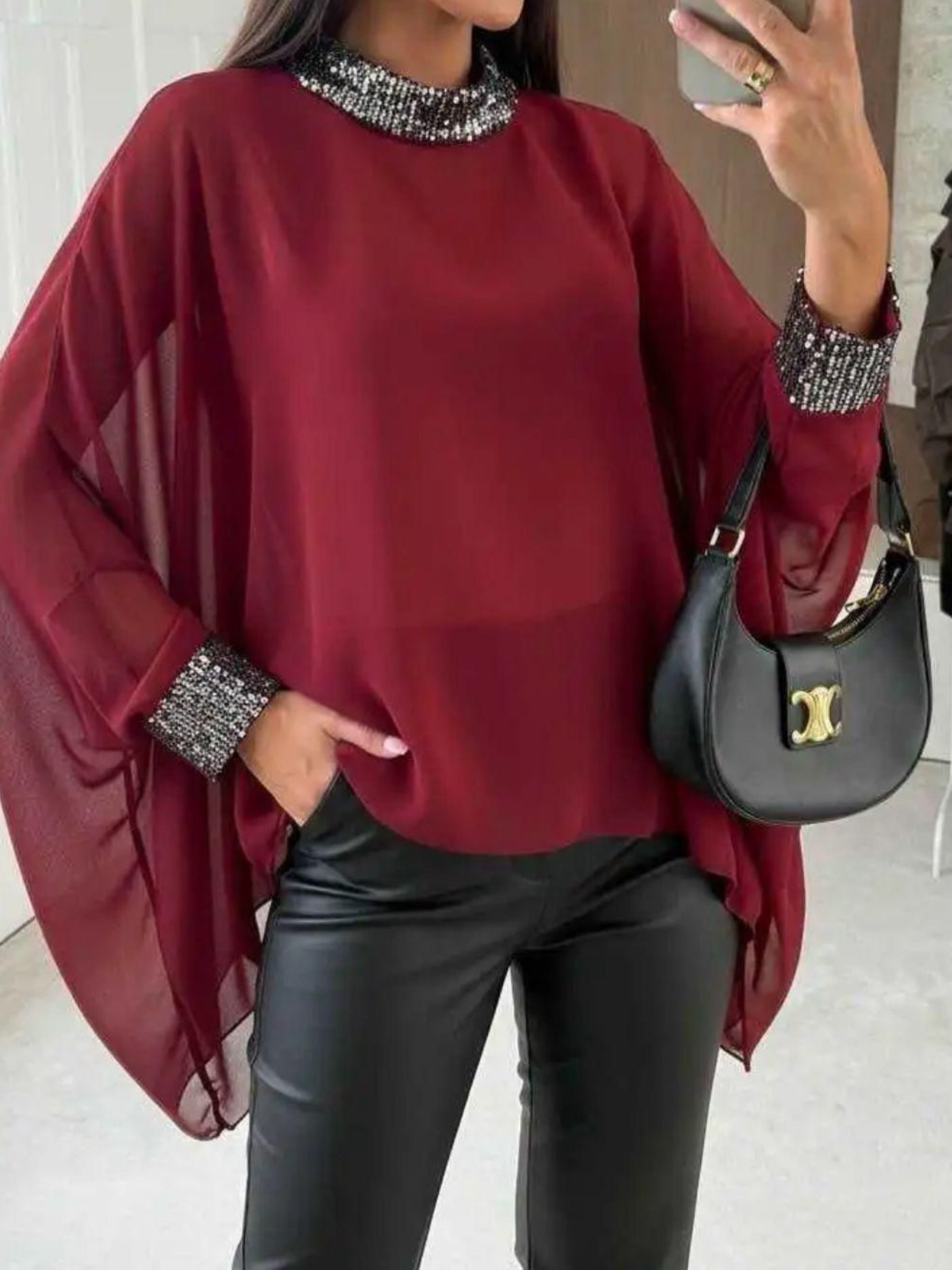QBAW25 BC Red & Sequin Embellished Mesh Top with sheer mesh sleeves and sequin neckline detailing, perfect for elegant evening outfits and special occasions.