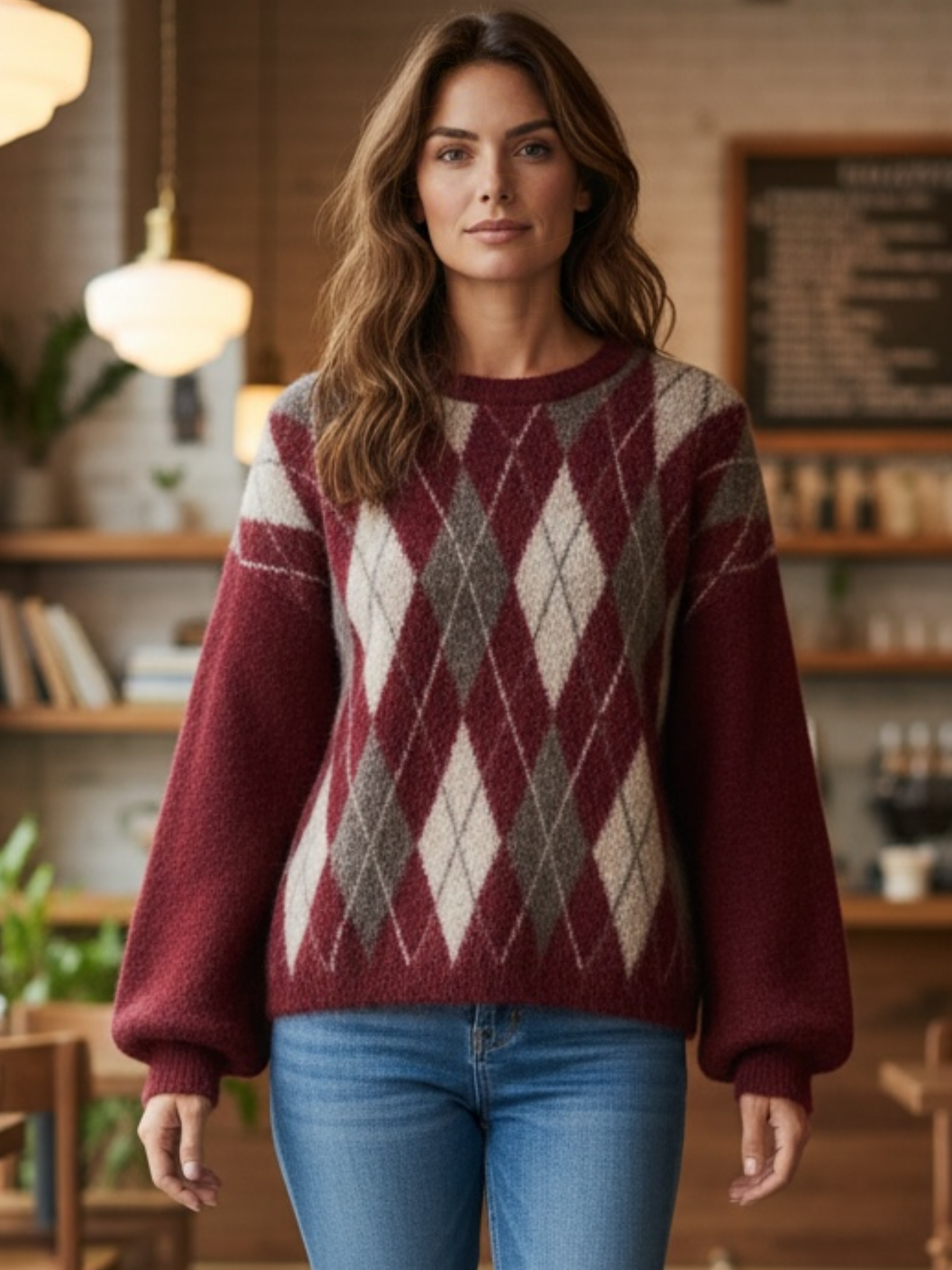 QBAW25 BC Susan Wine Argyle Jumper – cosy winter knit in a rich wine shade with a classic argyle pattern, perfect for stylish cold-weather outfits.