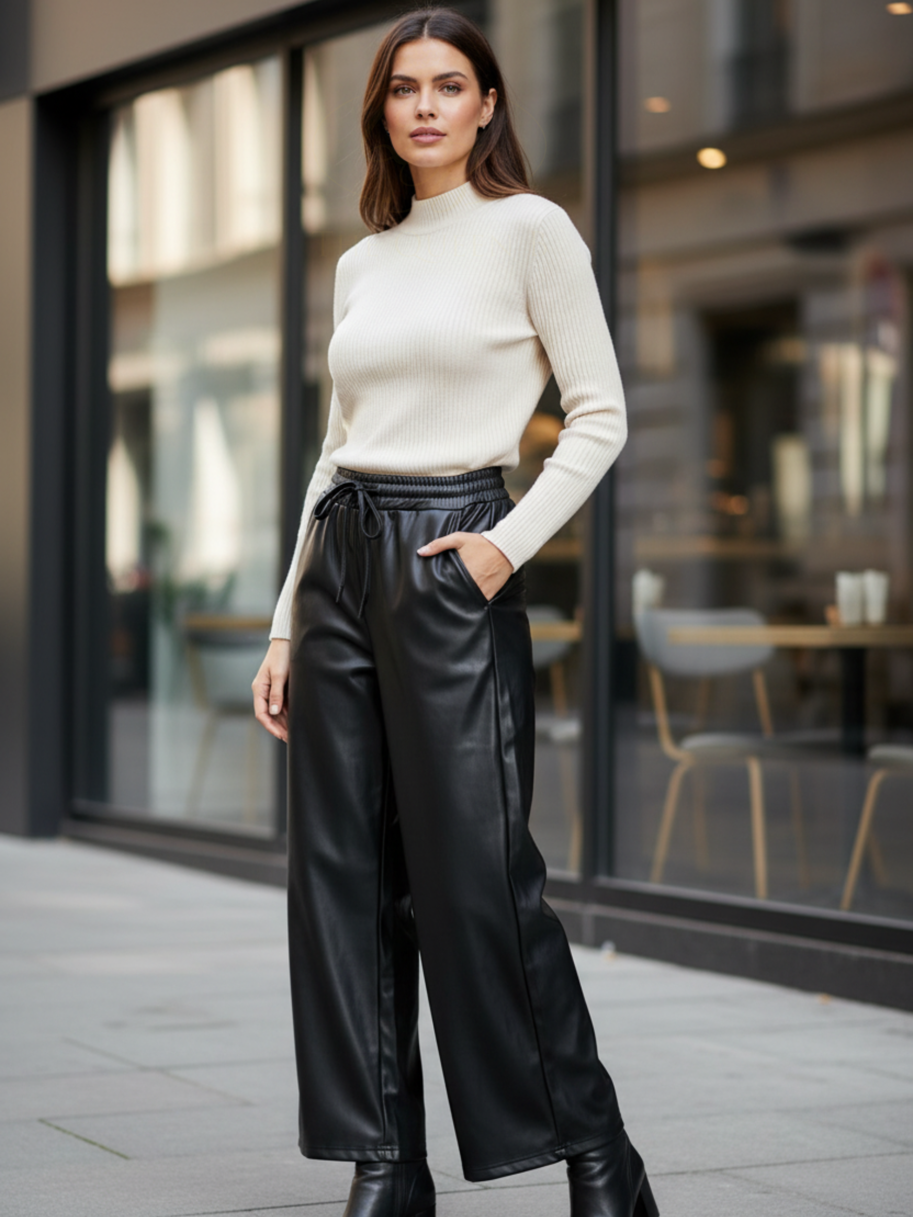 QBAW25 BC Zoey black faux leather women’s wide leg trousers with high-rise waistband and contemporary silhouette.