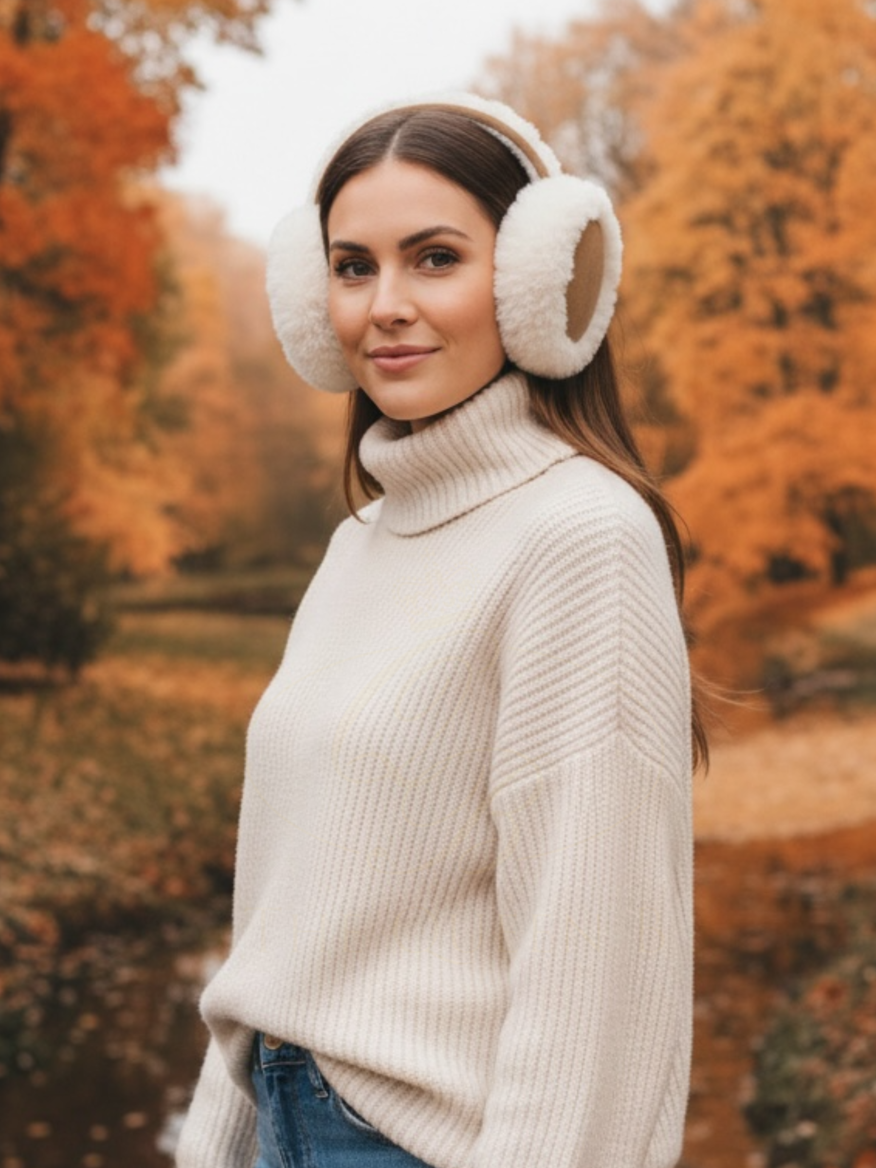 QBAW25 CW AE038 Chestnut Earmuffs – chestnut faux-shearling earmuffs, warm and cosy for stylish winter outfits.