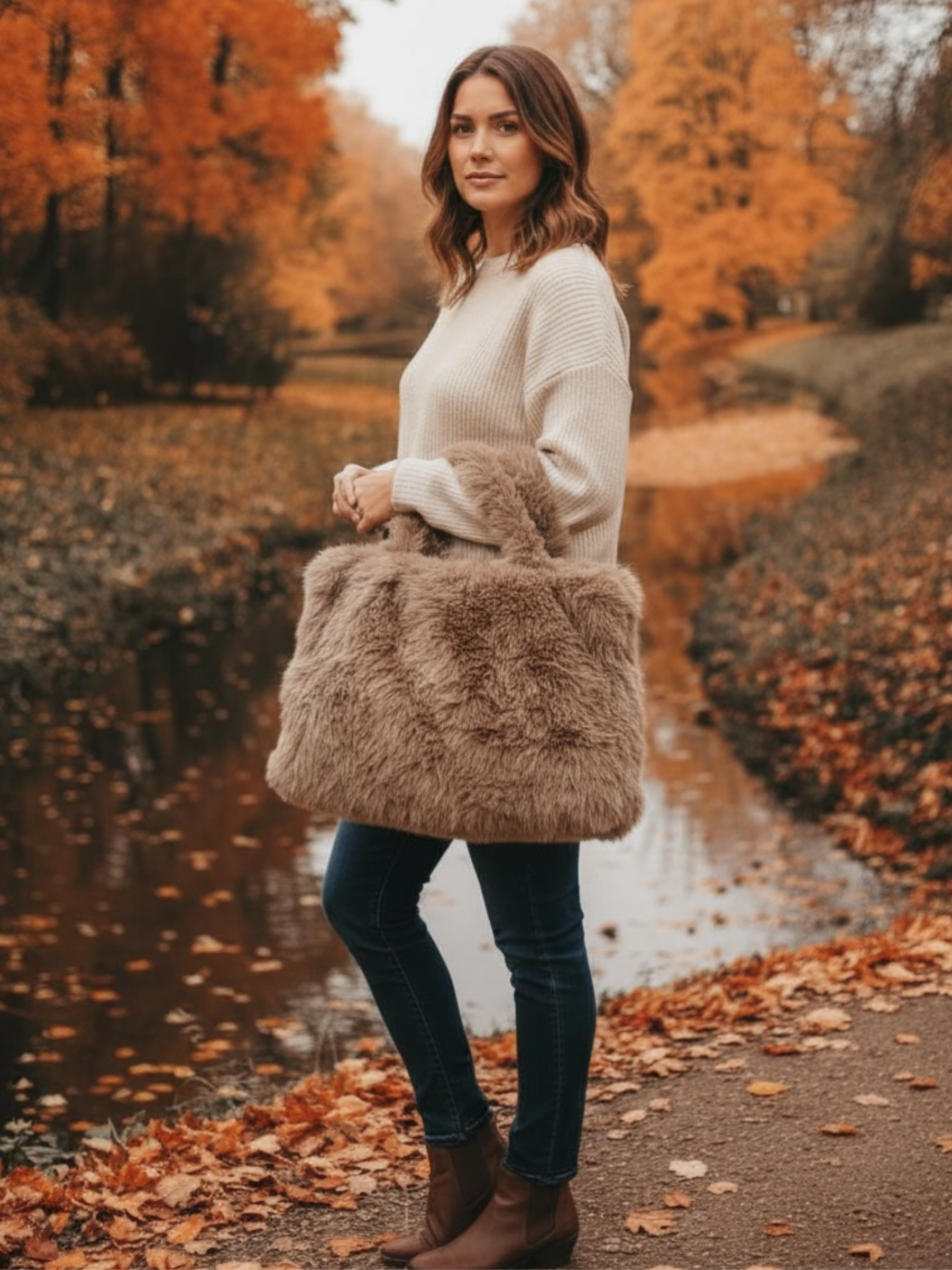 QBAW25 CW B701 Taupe Large Fluffy Bag featuring a soft faux fur design with top handles and a spacious interior, perfect for winter styling.
