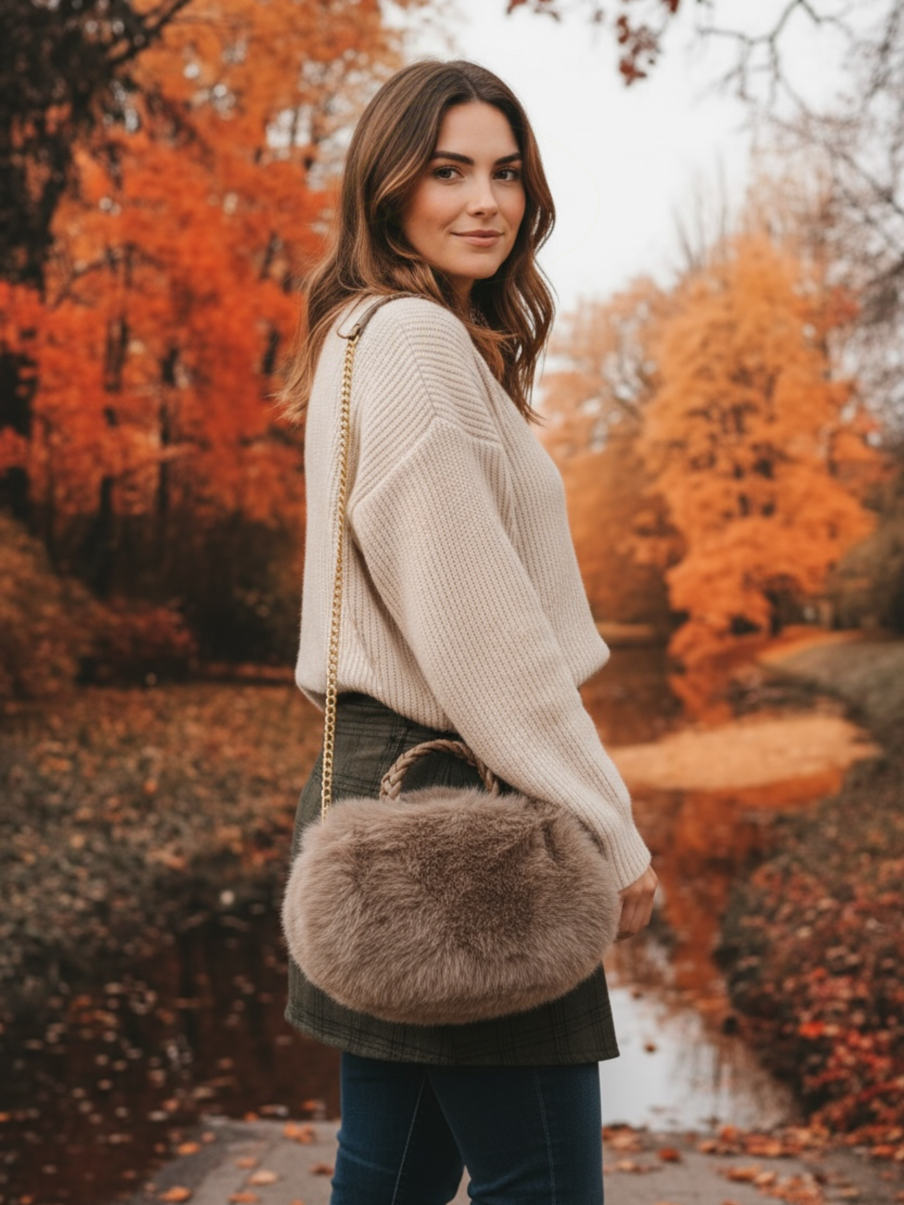 QBAW25 CW B704 Taupe Small Fluffy Bag featuring soft faux fur, gold chain strap and a compact design for elegant day-to-night styling.