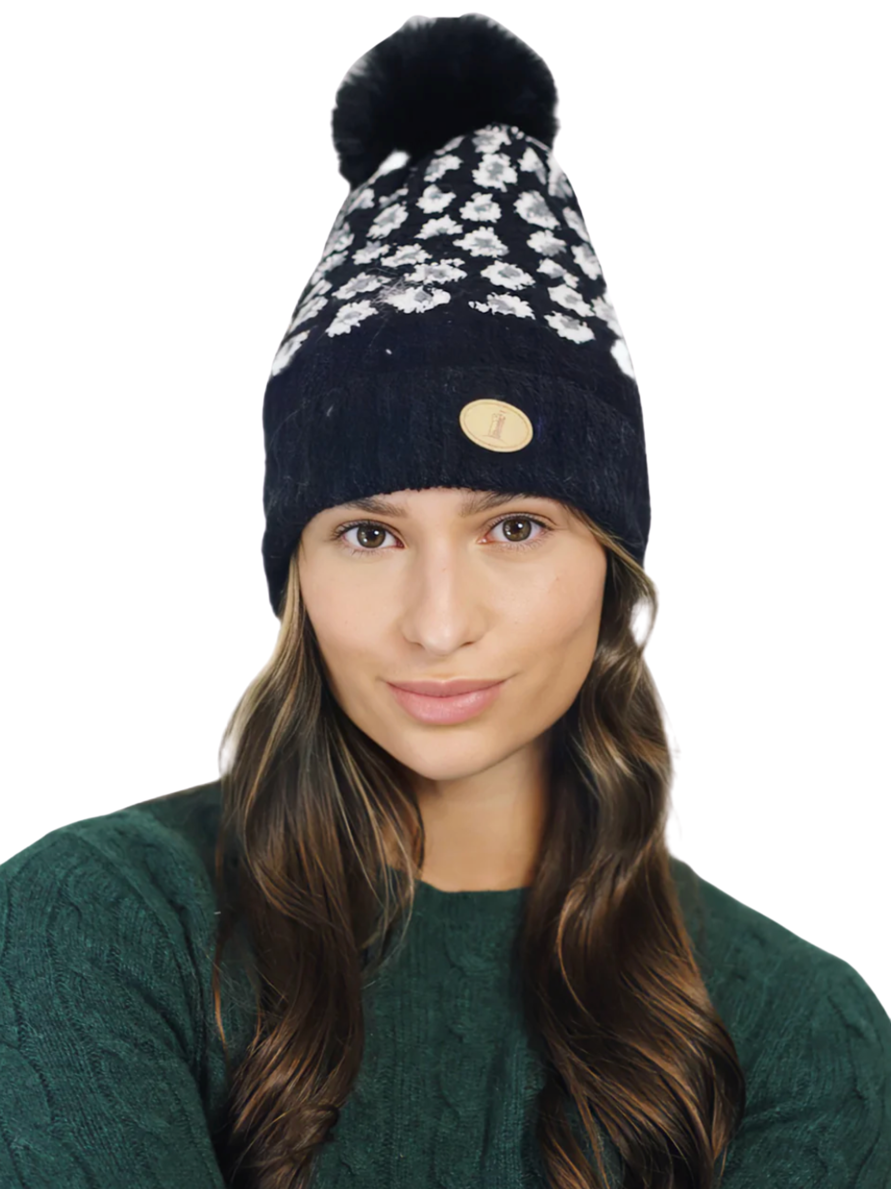 QBAW25 CW H00723 Black Leopard Hat & Gloves Set – boxed winter hat and glove set with a fluffy black pom-pom beanie and matching leopard-print gloves for chic, cosy styling.