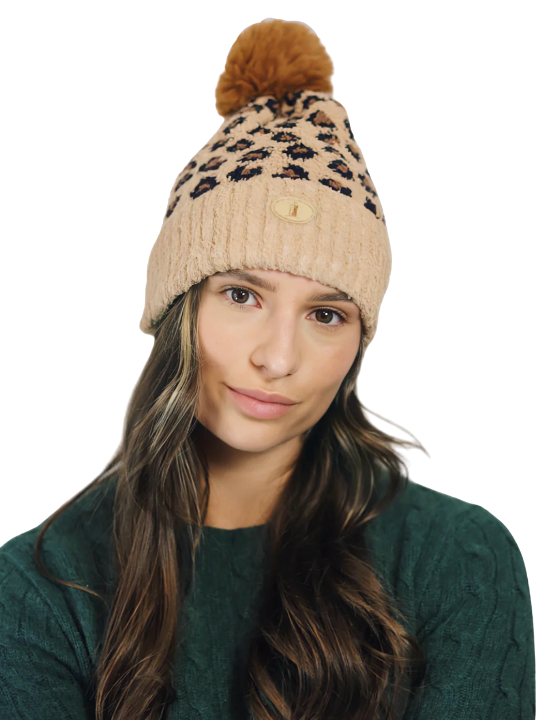 QBAW25 CW H00723 Brown Leopard Hat & Gloves Set – cosy boxed winter set with a soft brown pom-pom hat and matching leopard-print gloves, ideal for warm and stylish cold-weather outfits.