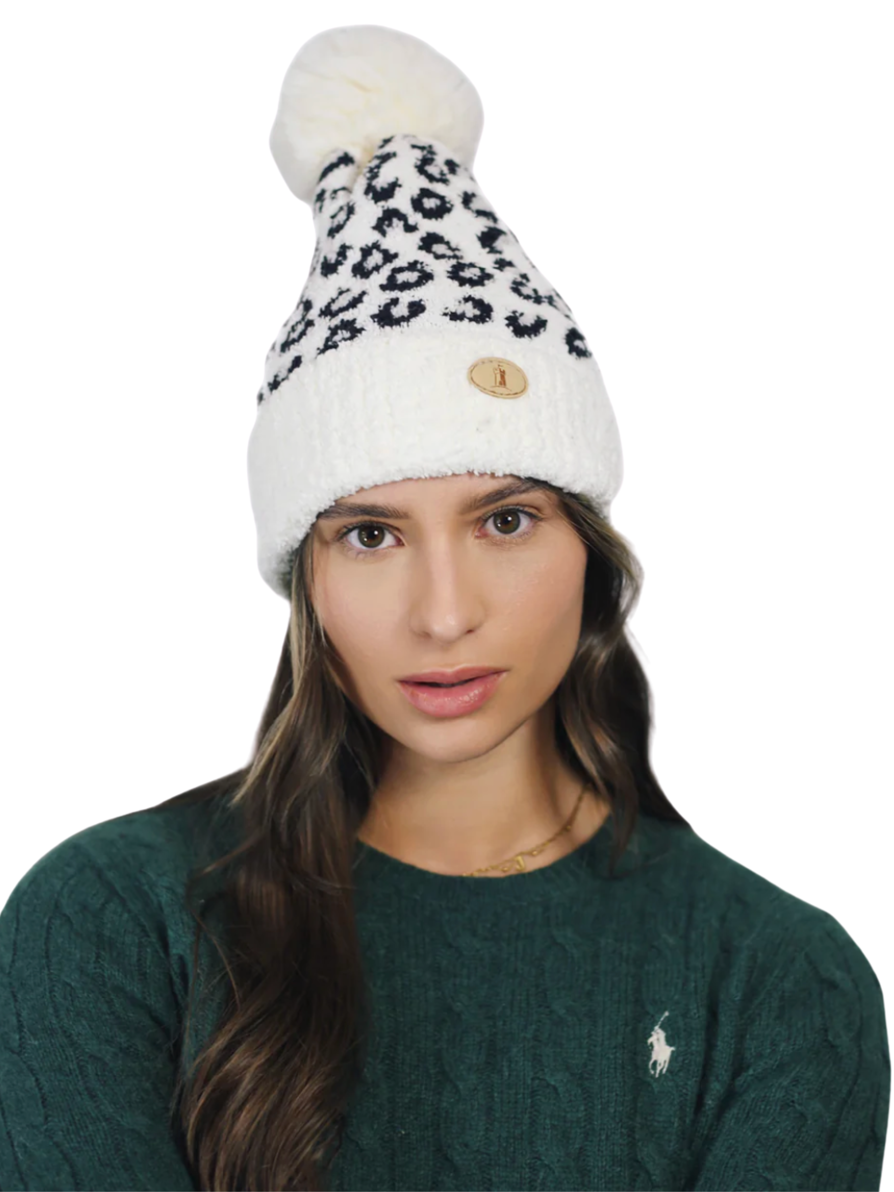 QBAW25 CW H00723 White Leopard Hat & Gloves Set - ultra-soft winter accessory gift set featuring a fluffy white pom-pom hat and matching leopard-print gloves, perfect for cosy cold-weather styling.