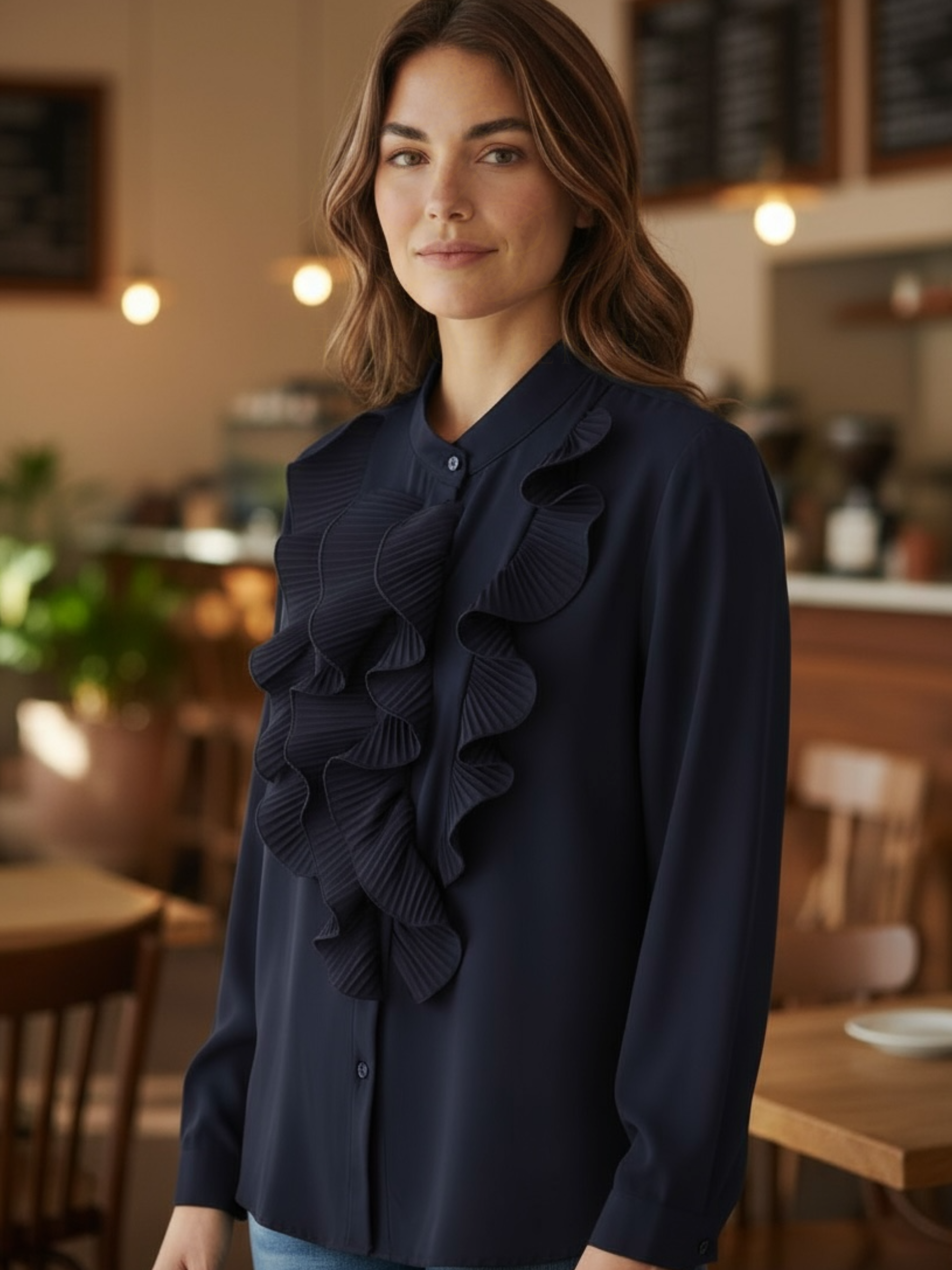 The Queen B Felicity Blouse featuring cascading pleated frills, a button-through front and elegant long sleeves for timeless, sophisticated style.