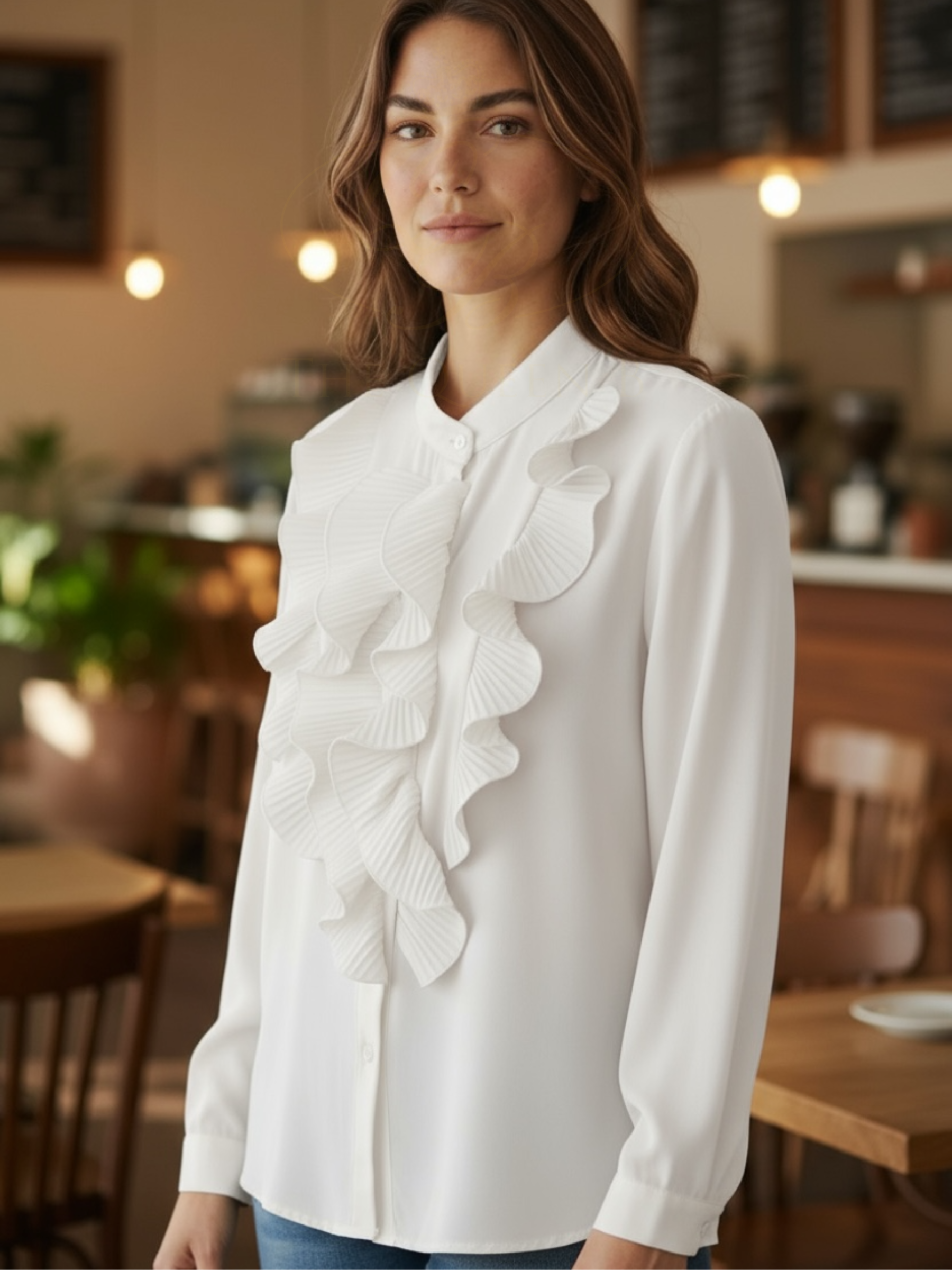 The Queen B Felicity Blouse featuring cascading pleated frills, a button-through front and elegant long sleeves for timeless, sophisticated style.