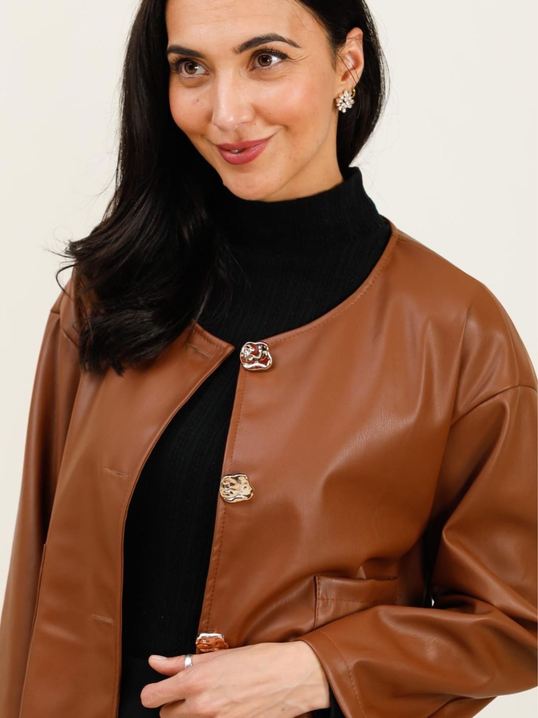 QBAW25 RR Penny Jacket in tan with statement button fastenings, cropped silhouette and pocket detail, also available in wine.