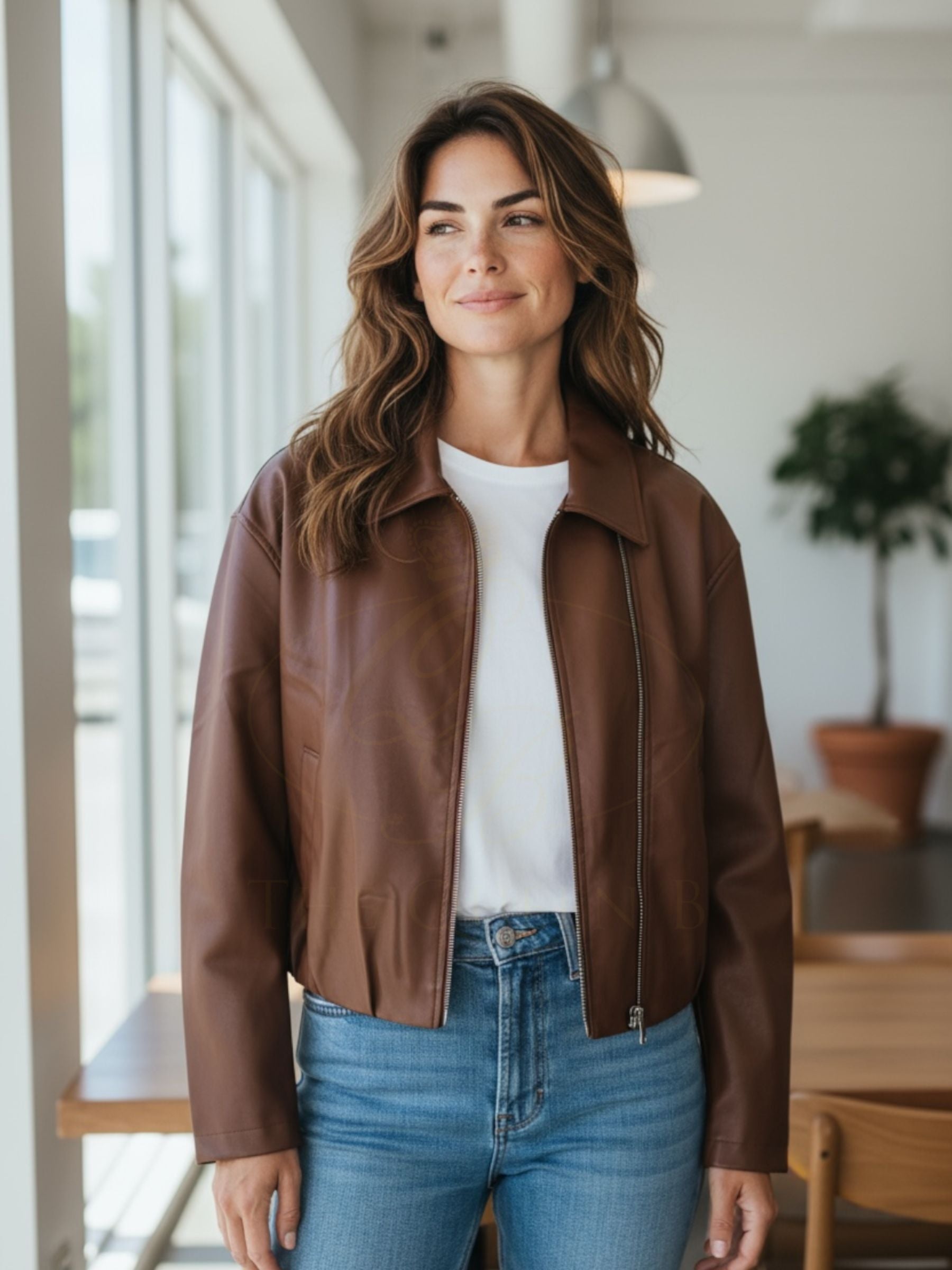 QBAW25 RR Penelope Tan Faux Leather Jacket – women’s tan zip-up jacket with classic collar, soft faux leather finish, and modern silhouette. Perfect for layering and everyday style.