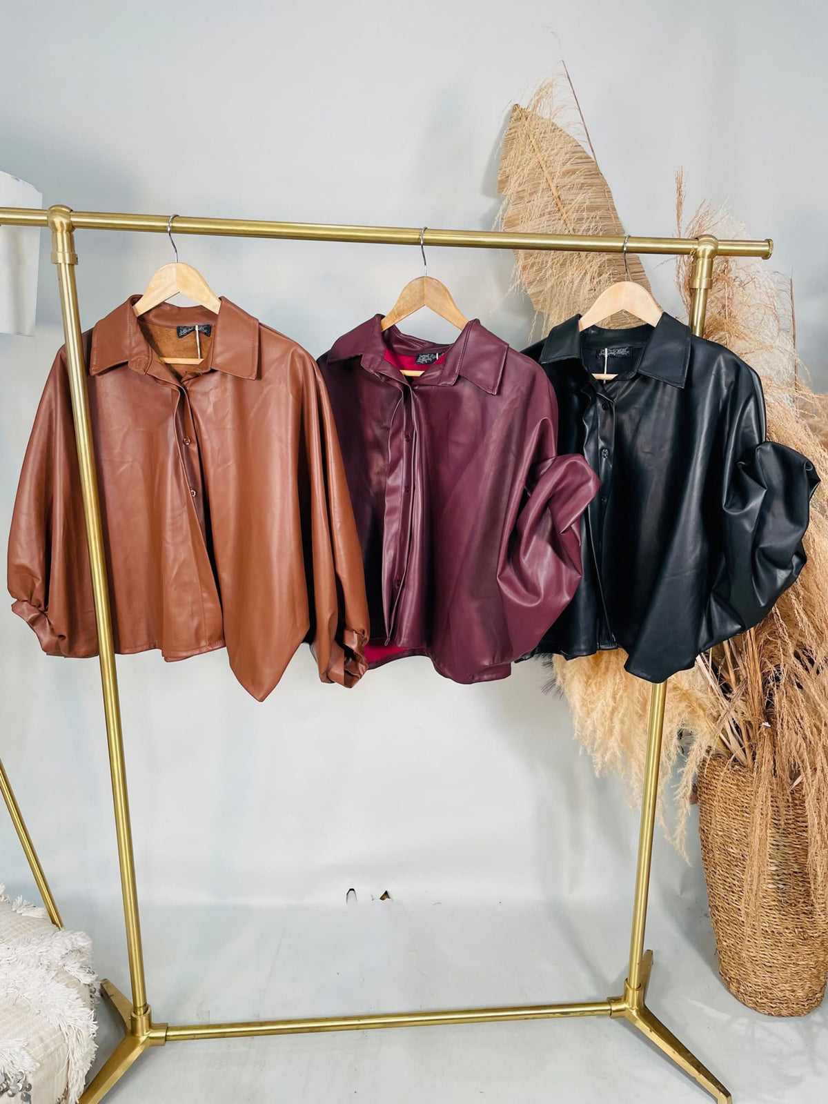 QBAW26 BC Faux Leather Jacket with collared neckline, button-through front, long sleeves and relaxed shirt-style silhouette.