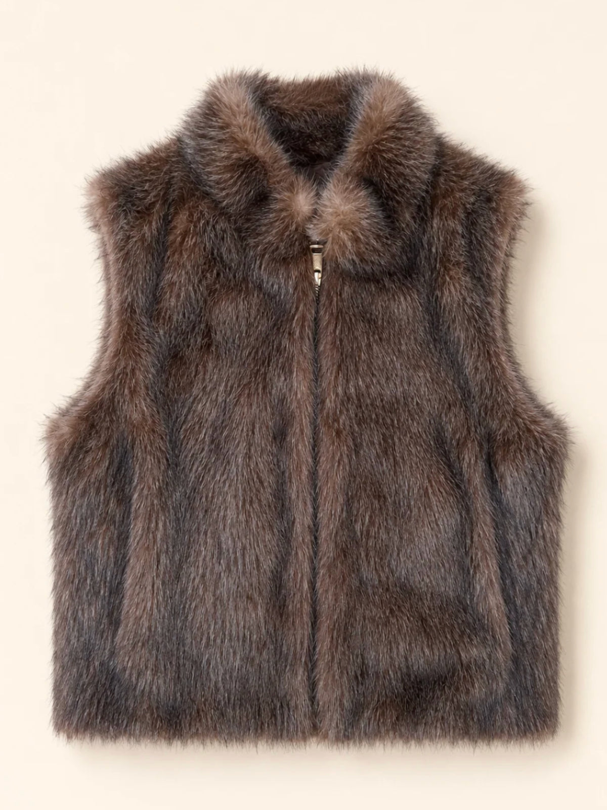 QBAW26 CW Darcy Faux Fur Short Gilet with soft textured finish, sleeveless design, high neckline and pockets.