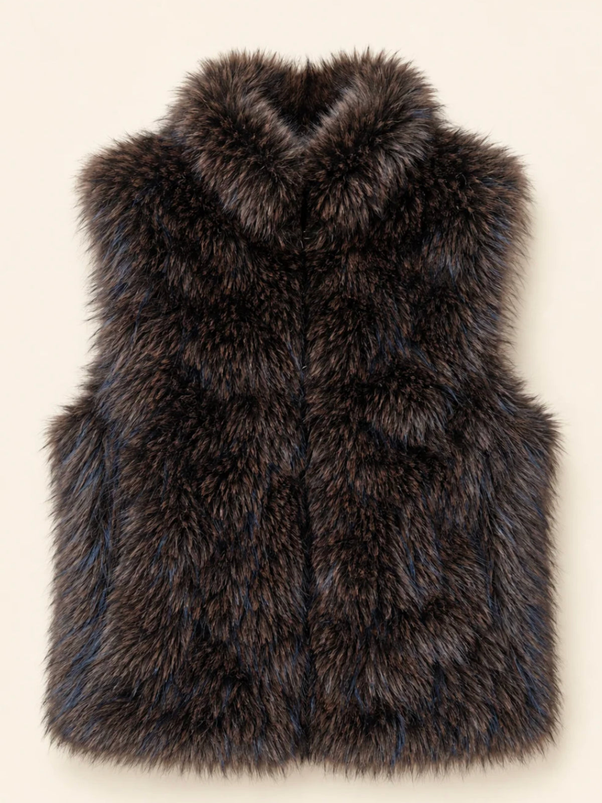 QBAW26 CW Darcy Faux Fur Short Gilet with soft textured finish, sleeveless design, high neckline and pockets.