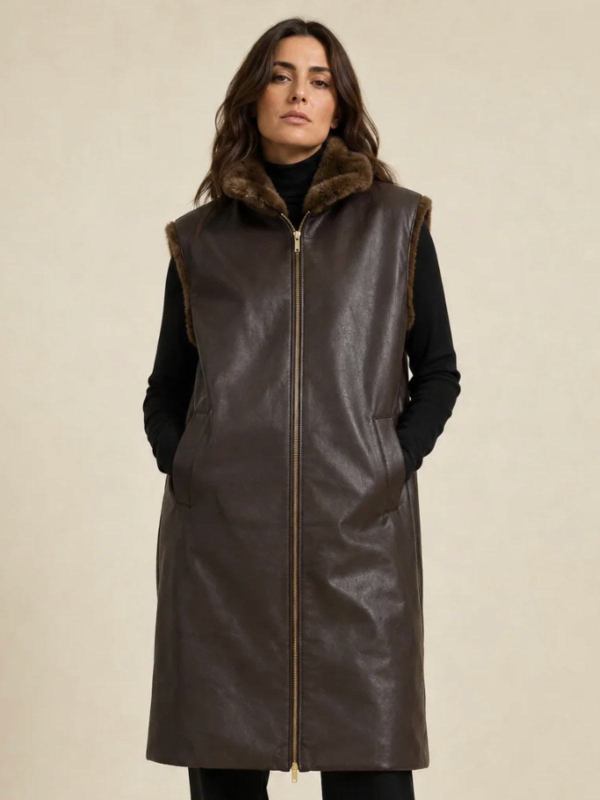 QBAW26 CW Elizabeth Reversible Long Gilet with smooth outer finish, soft textured reverse, high neckline and zip fastening.