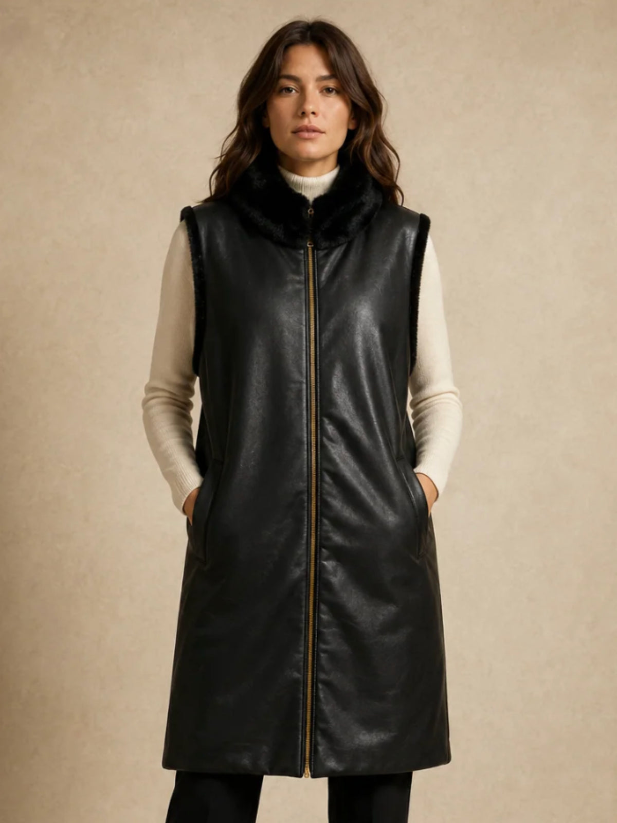 QBAW26 CW Elizabeth Reversible Long Gilet with smooth outer finish, soft textured reverse, high neckline and zip fastening.