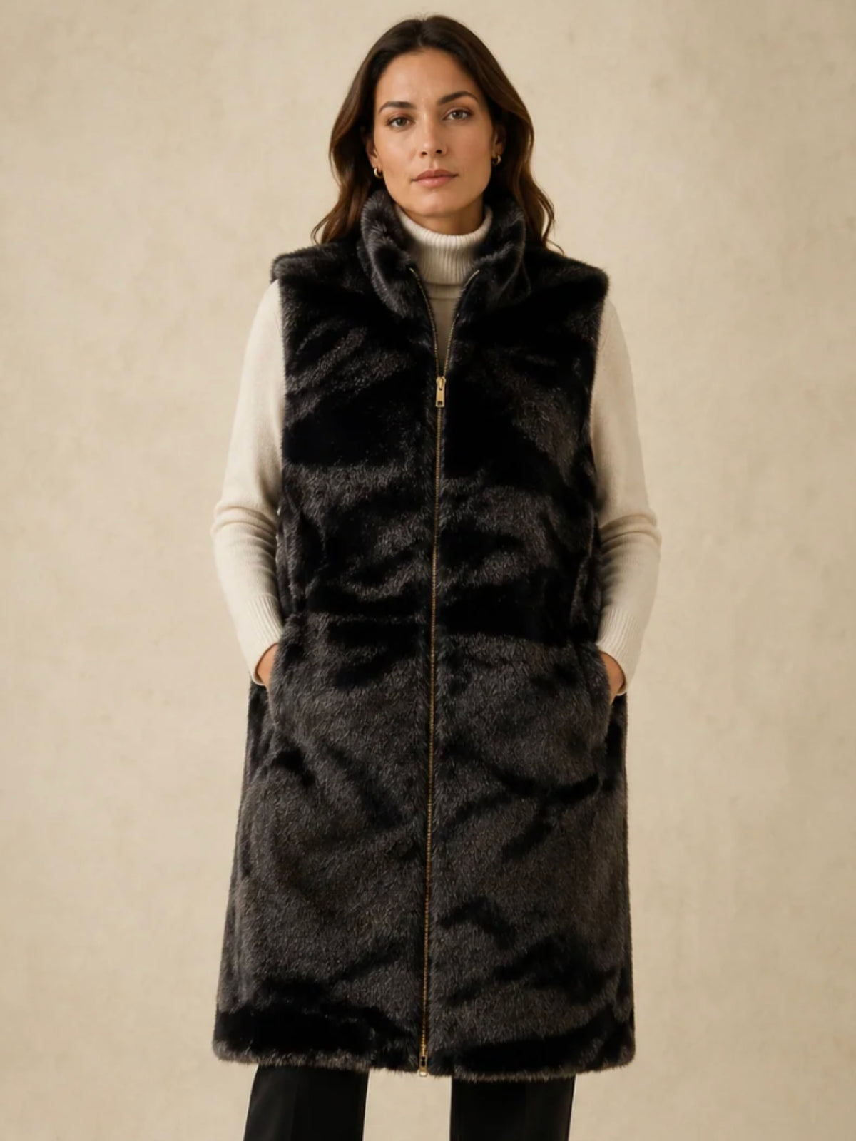 QBAW26 CW Elizabeth Reversible Long Gilet with smooth outer finish, soft textured reverse, high neckline and zip fastening.