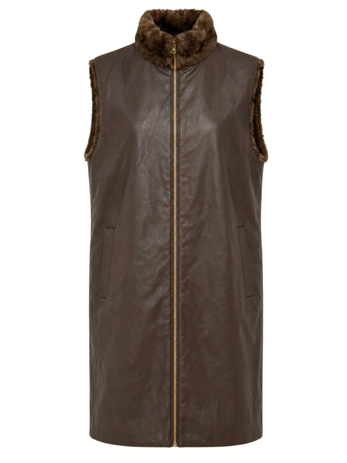 QBAW26 CW Elizabeth Reversible Long Gilet with smooth outer finish, soft textured reverse, high neckline and zip fastening.