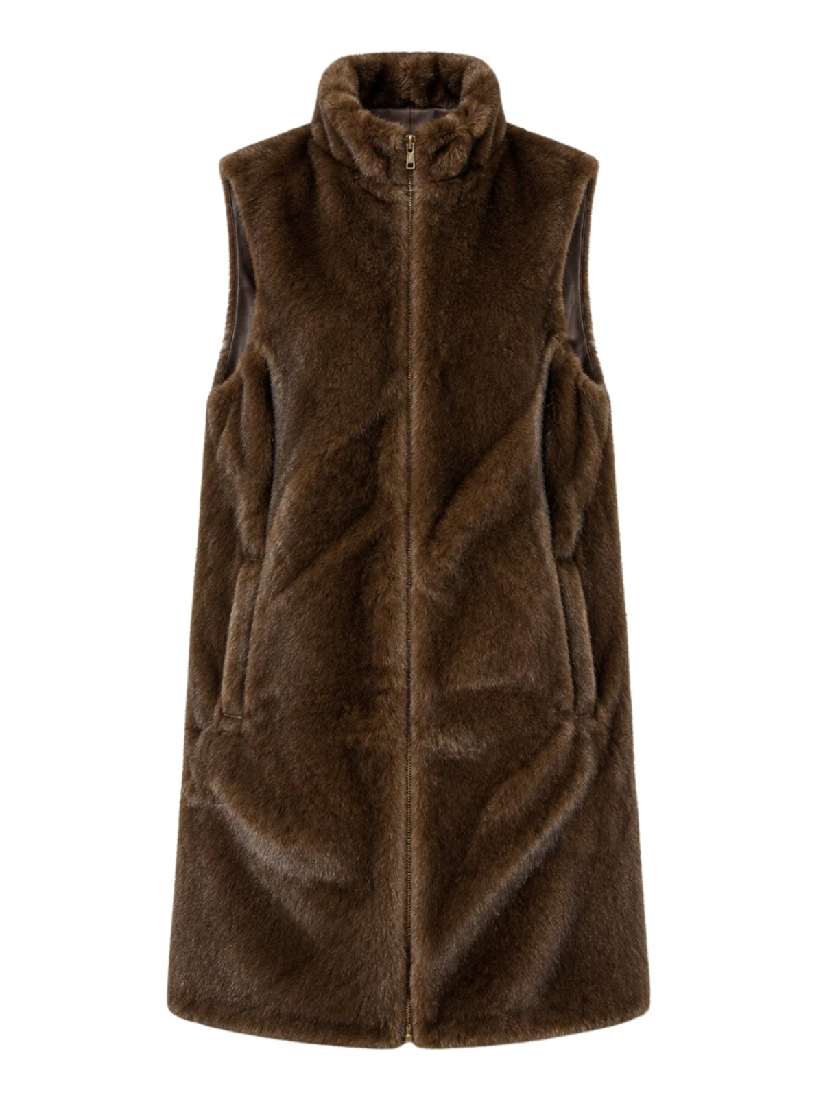 QBAW26 CW Elizabeth Reversible Long Gilet with smooth outer finish, soft textured reverse, high neckline and zip fastening.