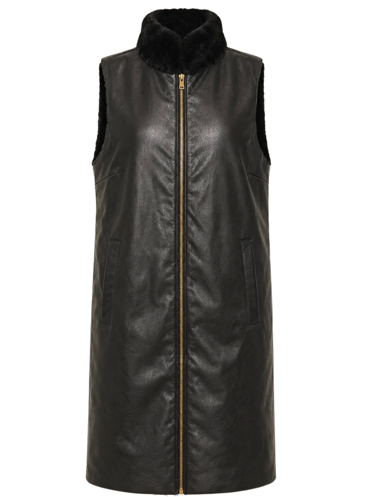 QBAW26 CW Elizabeth Reversible Long Gilet with smooth outer finish, soft textured reverse, high neckline and zip fastening.