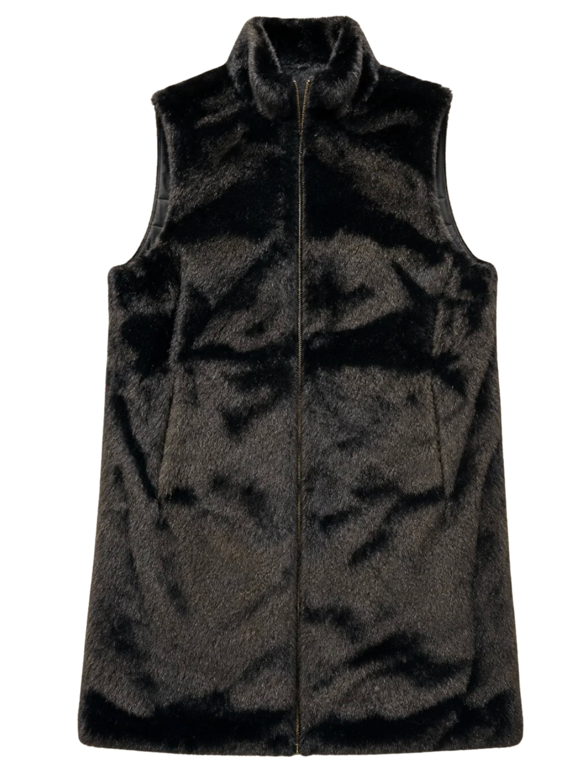 QBAW26 CW Elizabeth Reversible Long Gilet with smooth outer finish, soft textured reverse, high neckline and zip fastening.