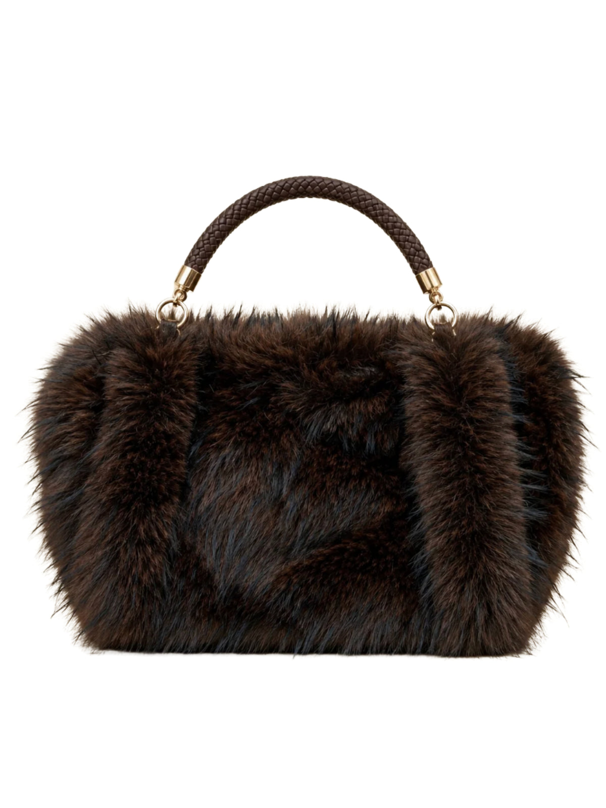 QBAW26 CW Grace Faux Fur Tote Bag with plush textured finish, structured shape, braided top handle and decorative hardware.