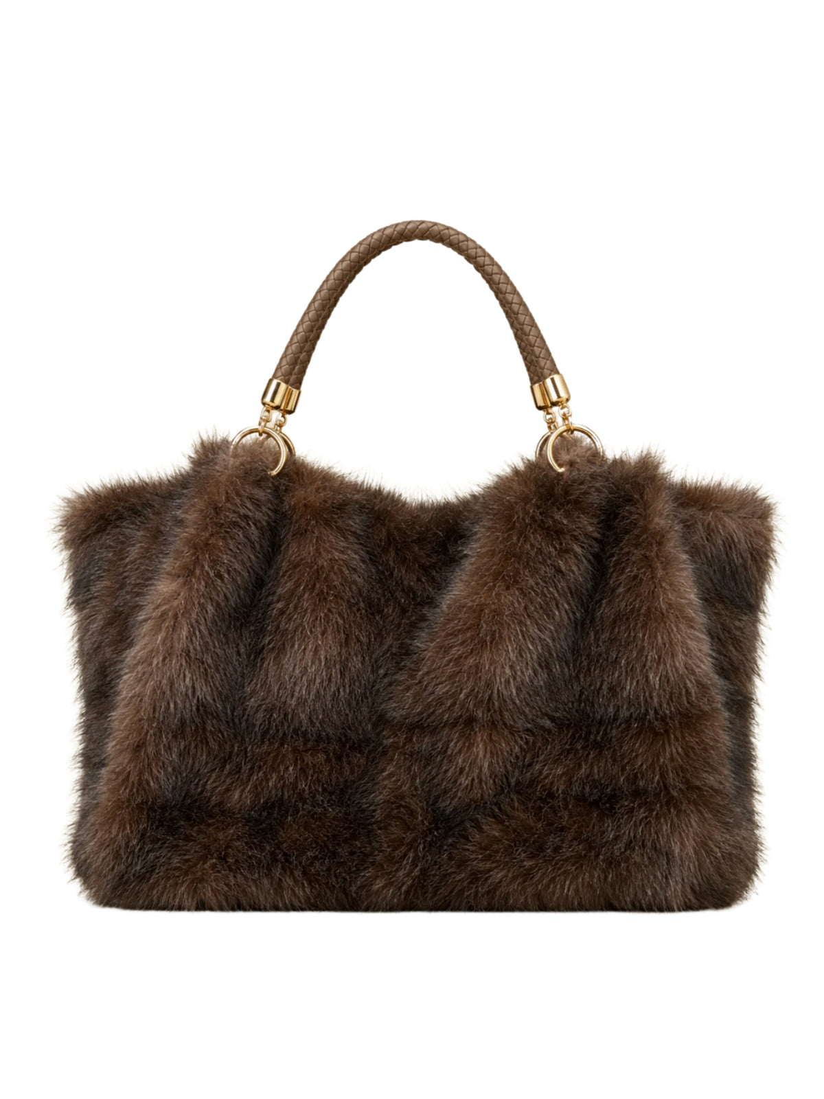 QBAW26 CW Grace Faux Fur Tote Bag with plush textured finish, structured shape, braided top handle and decorative hardware.