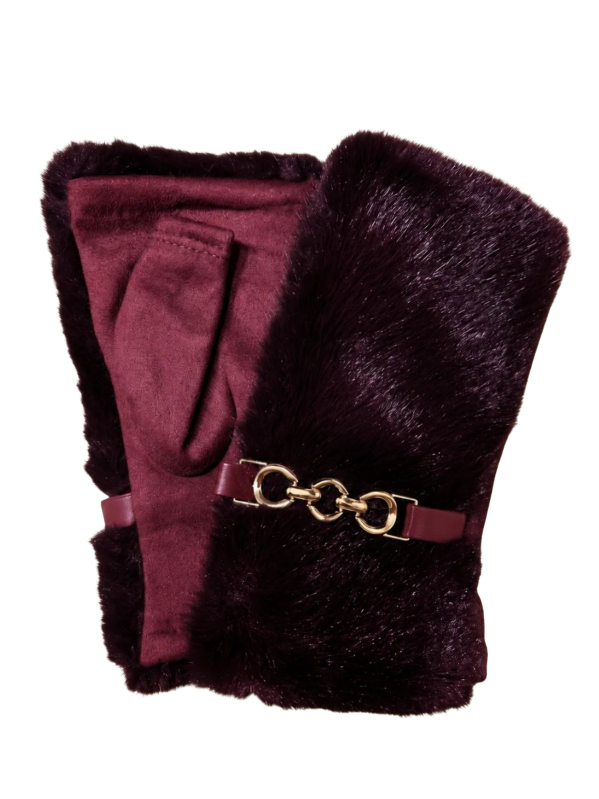 QBAW26 CW Mia Fingerless Gloves with soft textured finish, plush trim and decorative chain-style detail.