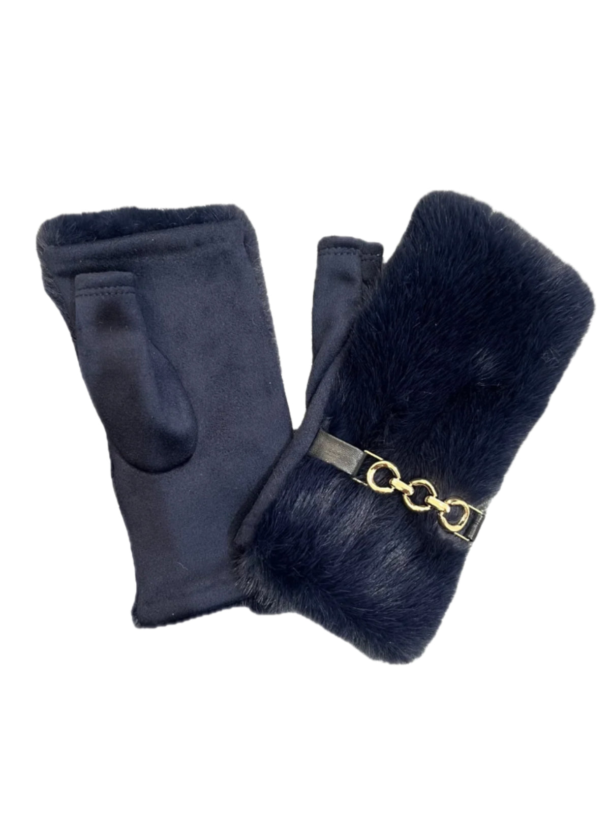 QBAW26 CW Mia Fingerless Gloves with soft textured finish, plush trim and decorative chain-style detail.