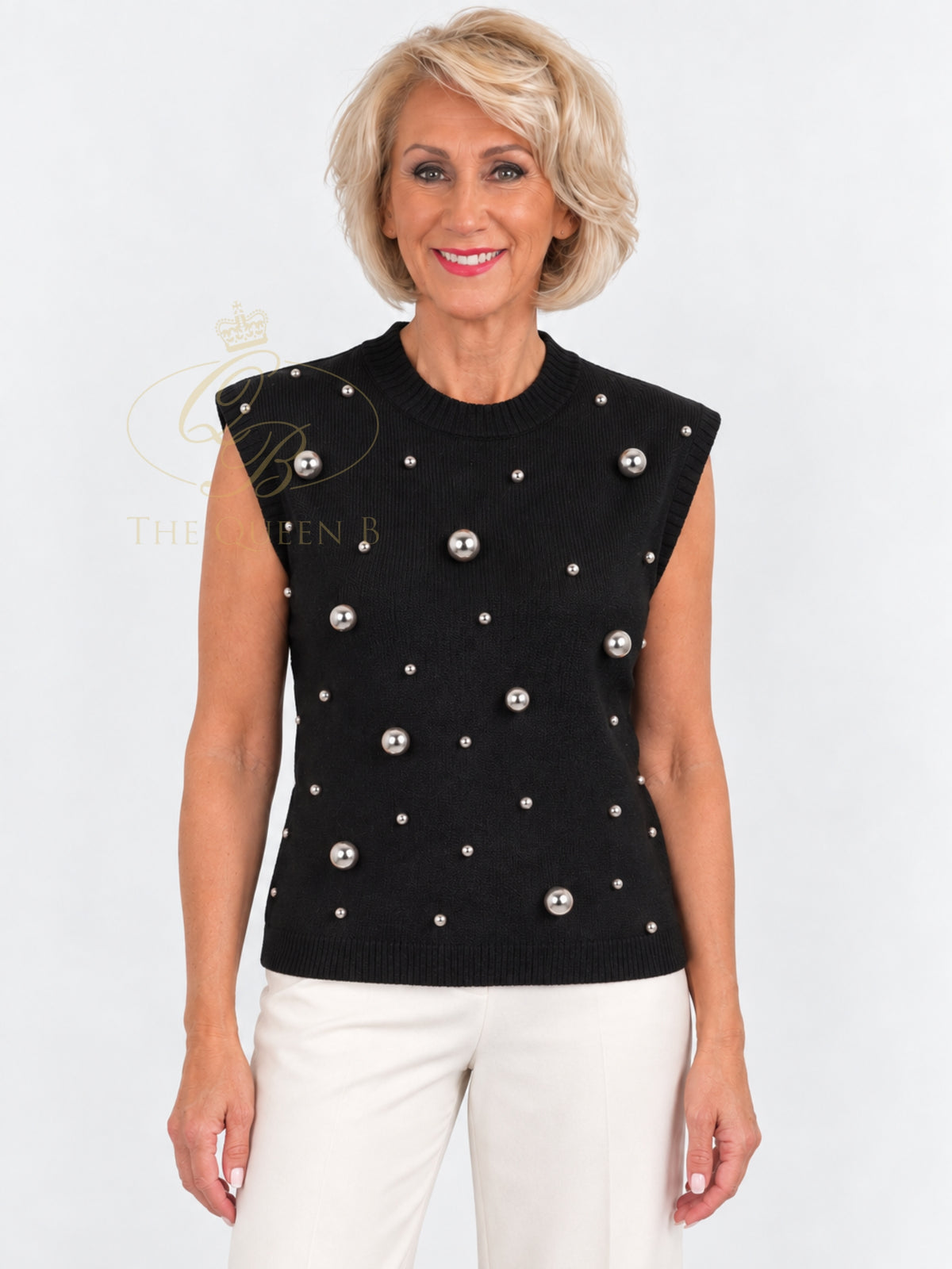 QBAW26 LX Claire Top with round neckline, sleeveless silhouette and mixed-size pearl-style embellishment detailing.