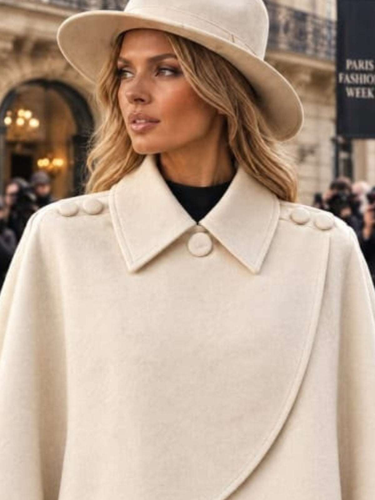QBAW26 RR Heather Cross Over Collared Cape with pointed collar, curved crossover front and decorative shoulder buttons.
