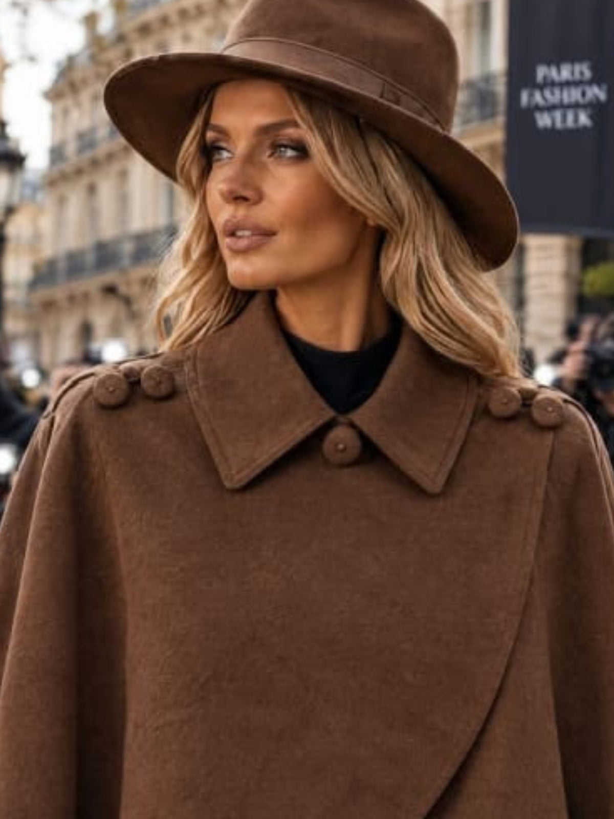 QBAW26 RR Heather Cross Over Collared Cape with pointed collar, curved crossover front and decorative shoulder buttons.