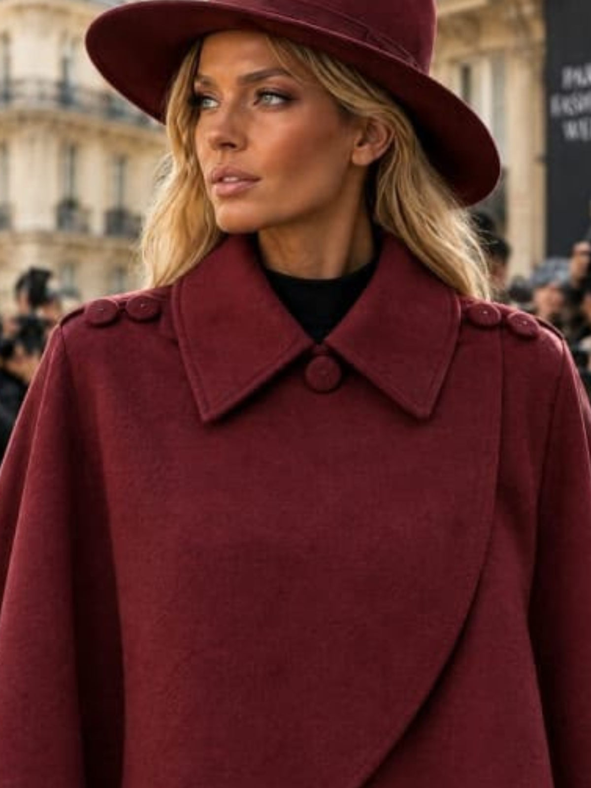QBAW26 RR Heather Cross Over Collared Cape with pointed collar, curved crossover front and decorative shoulder buttons.