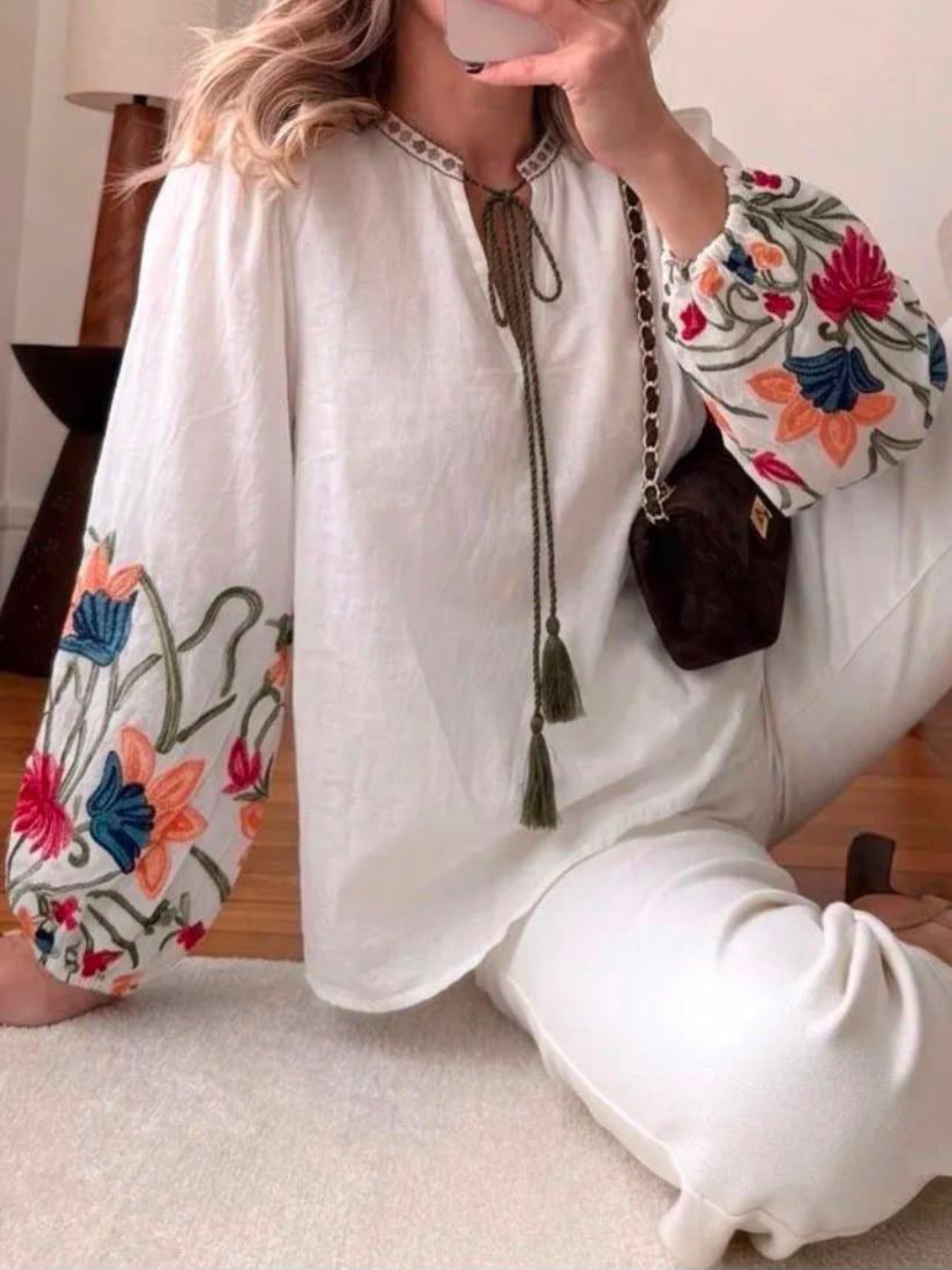 QBSS26 BC Ava Floral Sleeve Blouse with tie neckline, tassel detail and floral patterned balloon sleeves