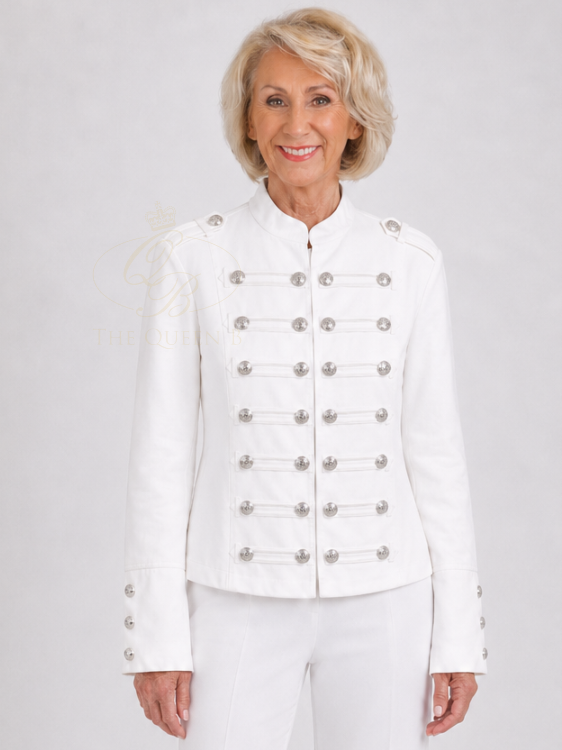 QBSS26 BC Belle Military Style Jacket with mandarin neckline, decorative buttons and structured fit