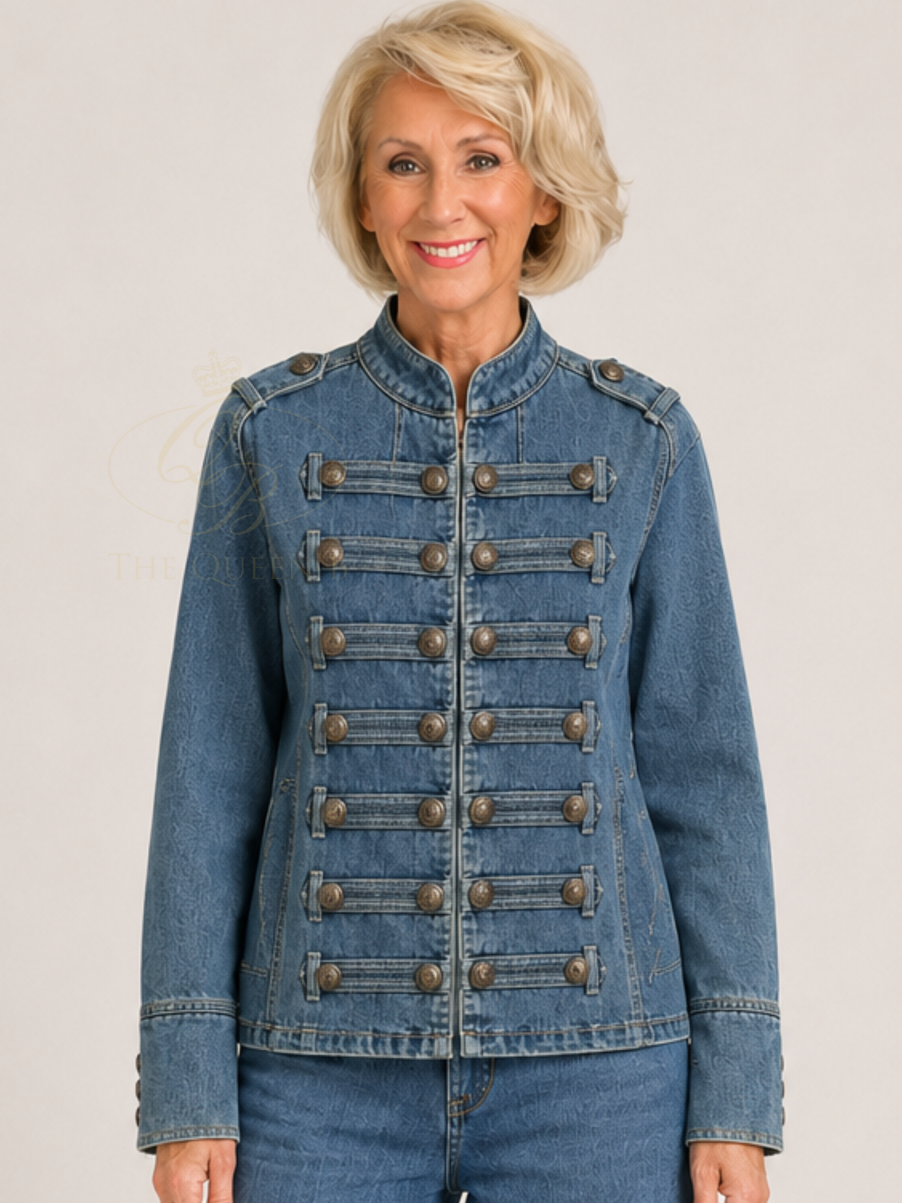 QBSS26 BC Belle Military Style Jacket with mandarin neckline, decorative buttons and structured fit