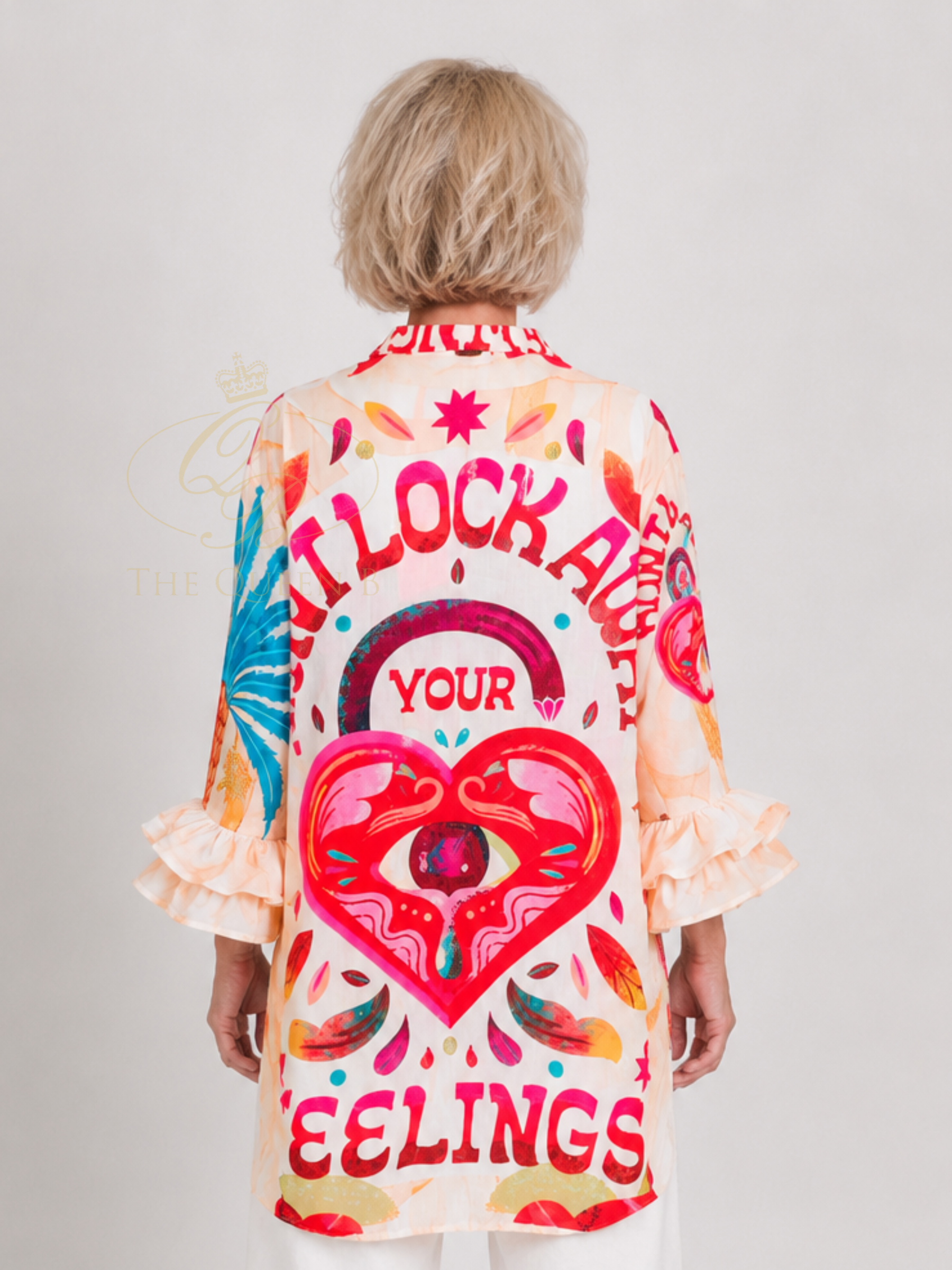 QBSS26 BC Cheryl Heart and Eye Print Shirt with classic collar, frill cuffs and bold graphic print