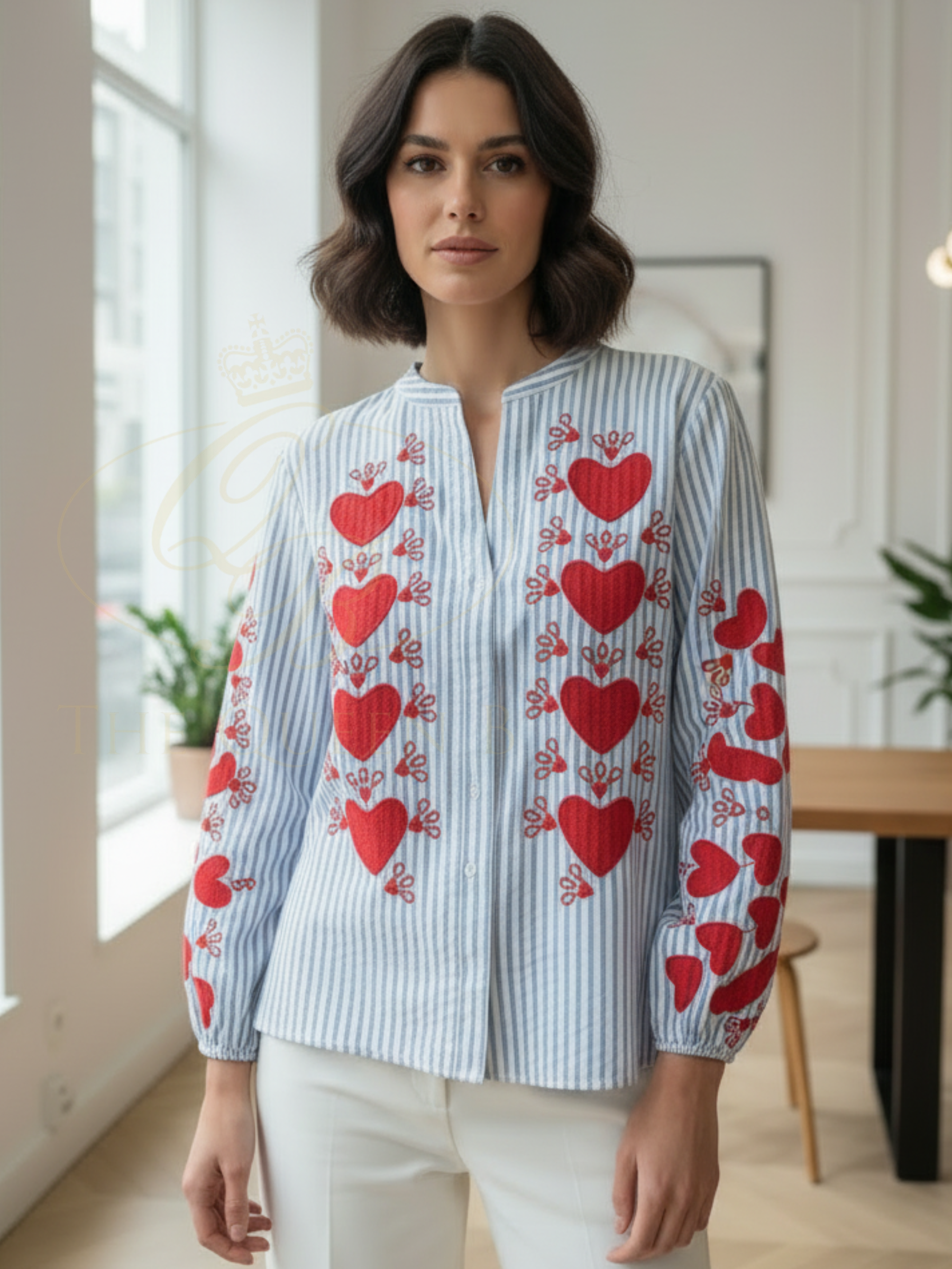 QBSS26 BC Esme Heart Pattern Striped Shirt with red heart motif, long sleeves and relaxed fit.