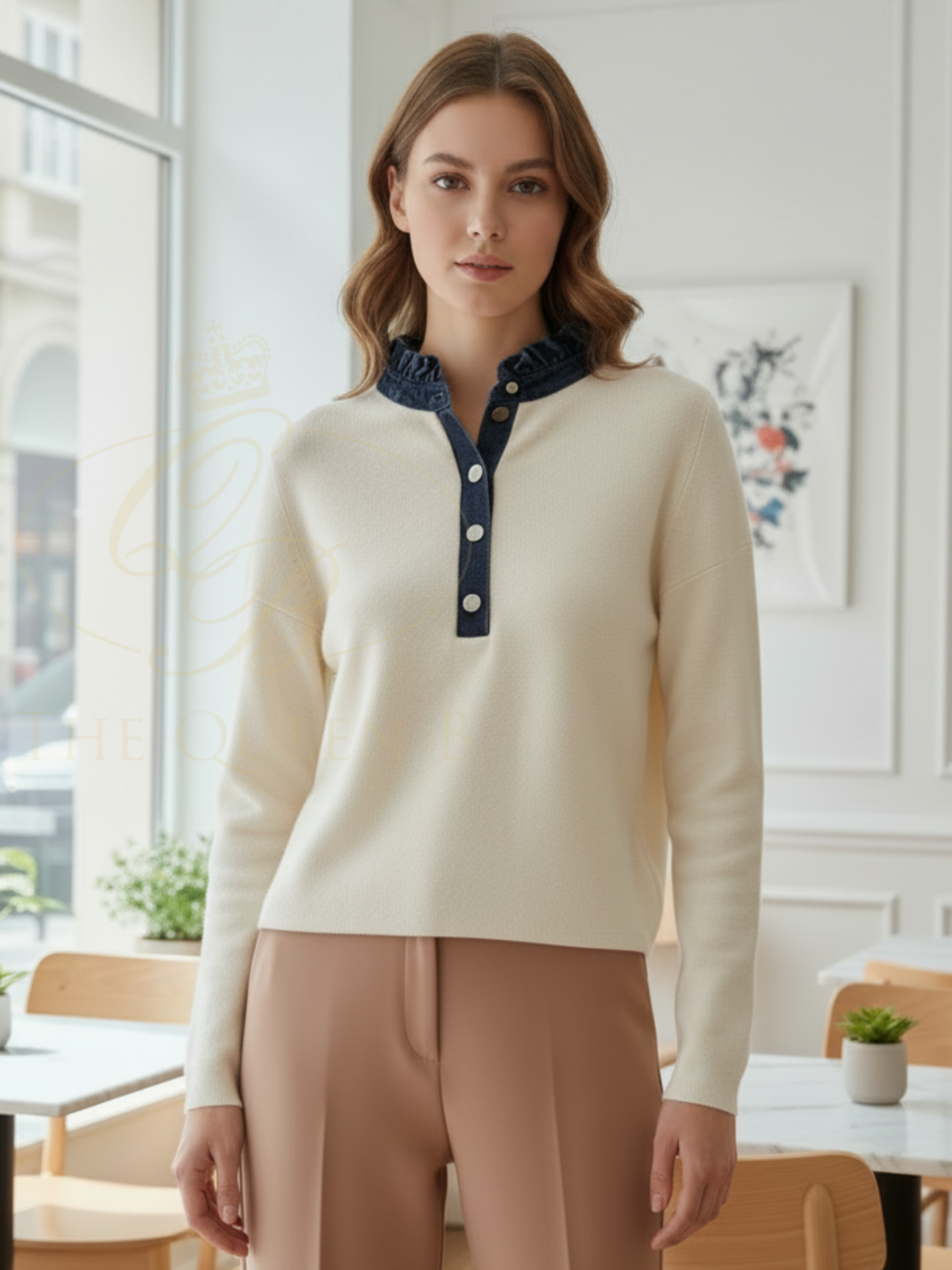 QBSS26 BC Frankie Frilly Collar Jumper with frilled collar, button placket and long sleeves.