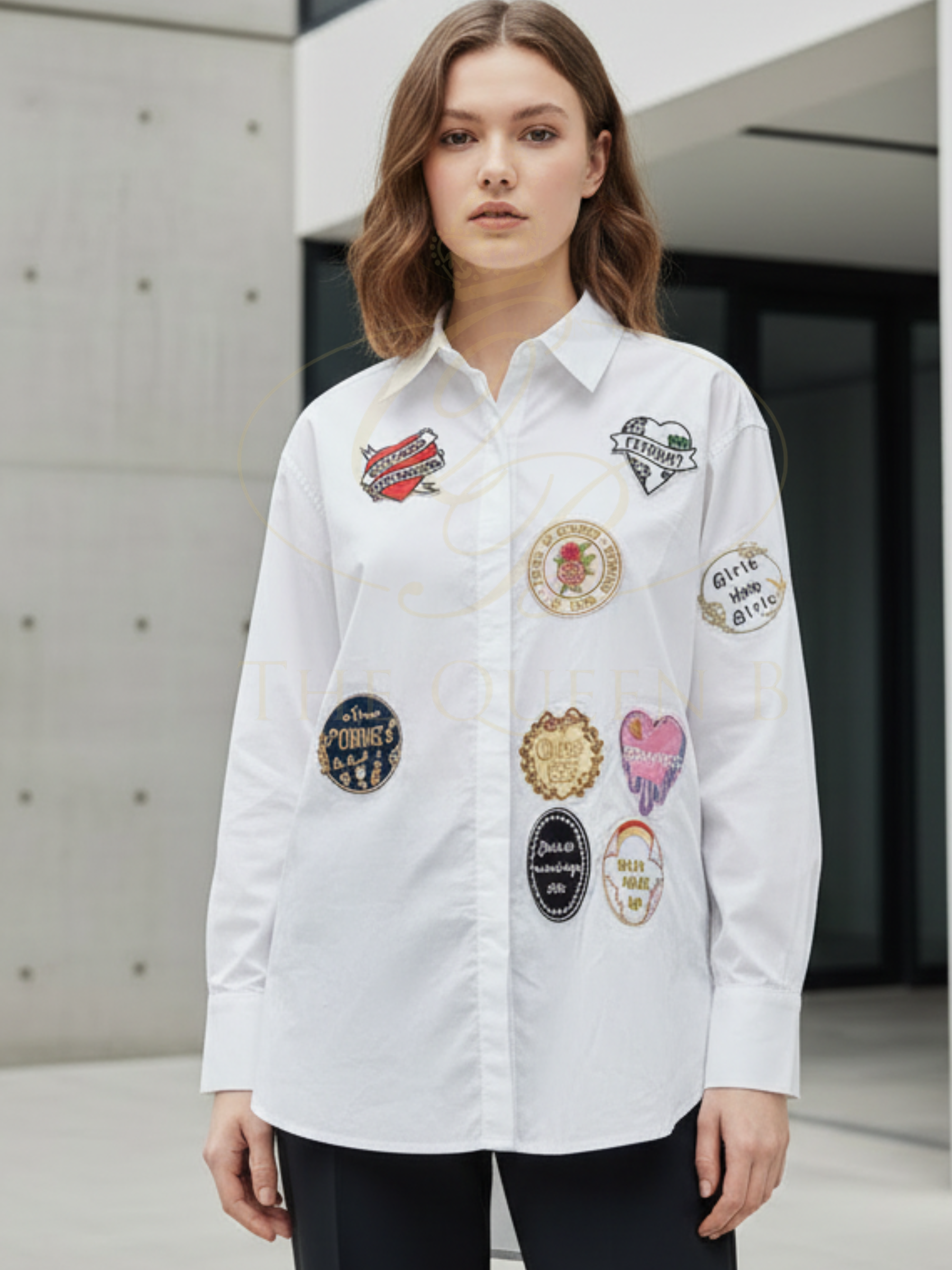 QBSS26 BC Freya Badge Pattern Shirt featuring white button-up design with decorative badge-style motifs and classic collar.