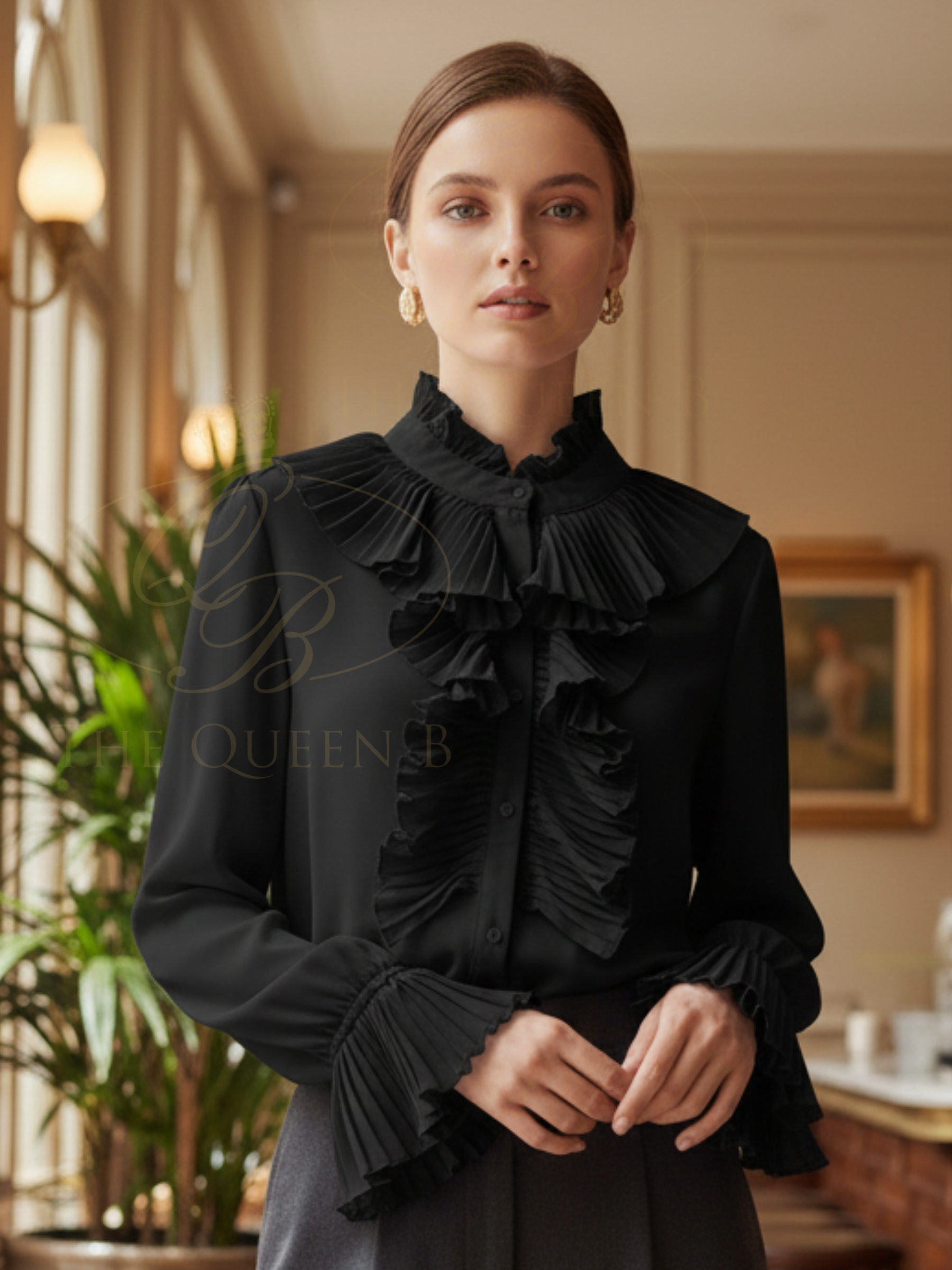 QBSS26 BC Frilly Blouse featuring a high neckline, pleated ruffle front and frilled cuffs.