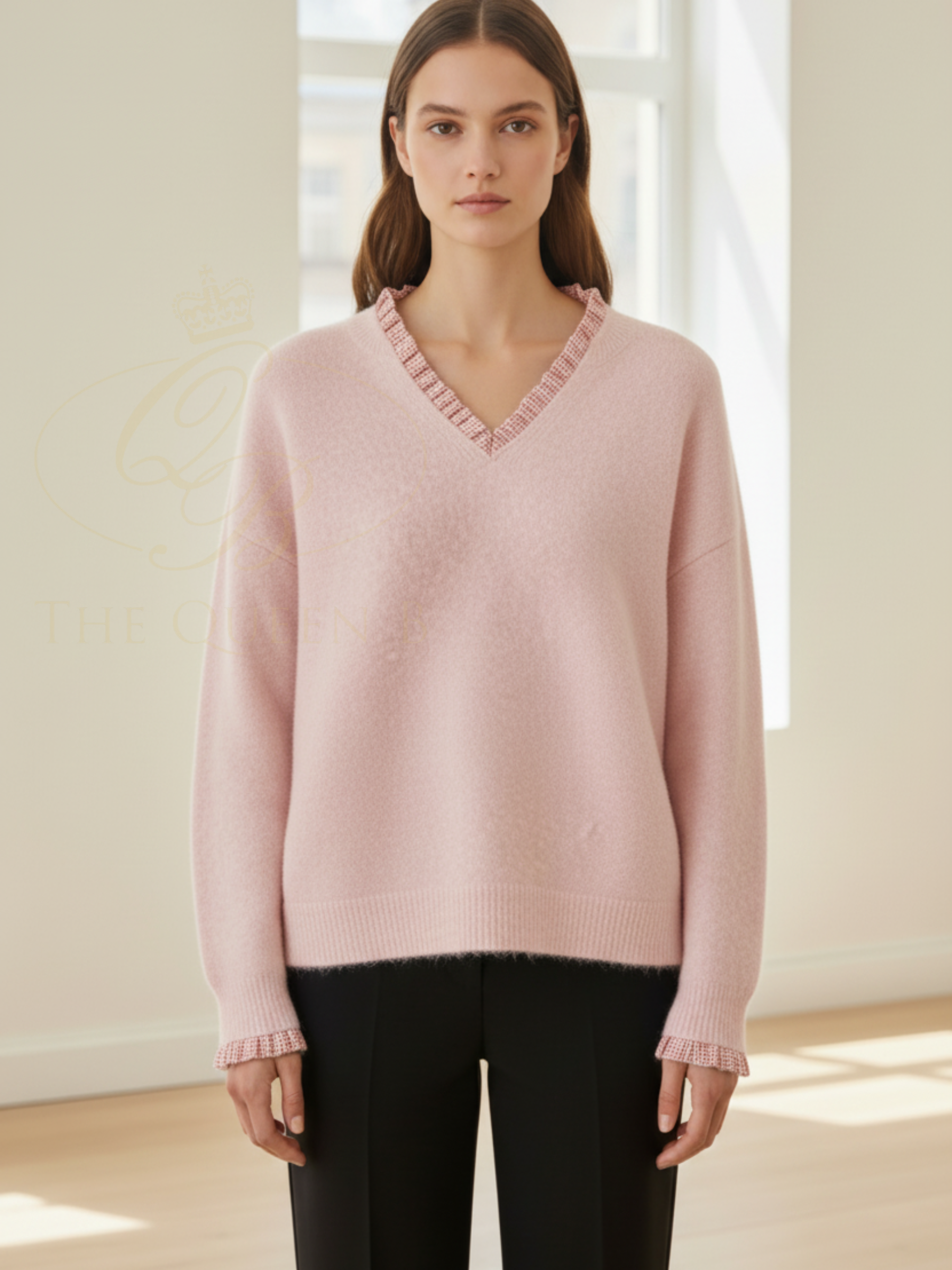 QBSS26 BC Harriet Frilly Gingham Trim Jumper with V-neckline, frilled trim detail and long sleeves.