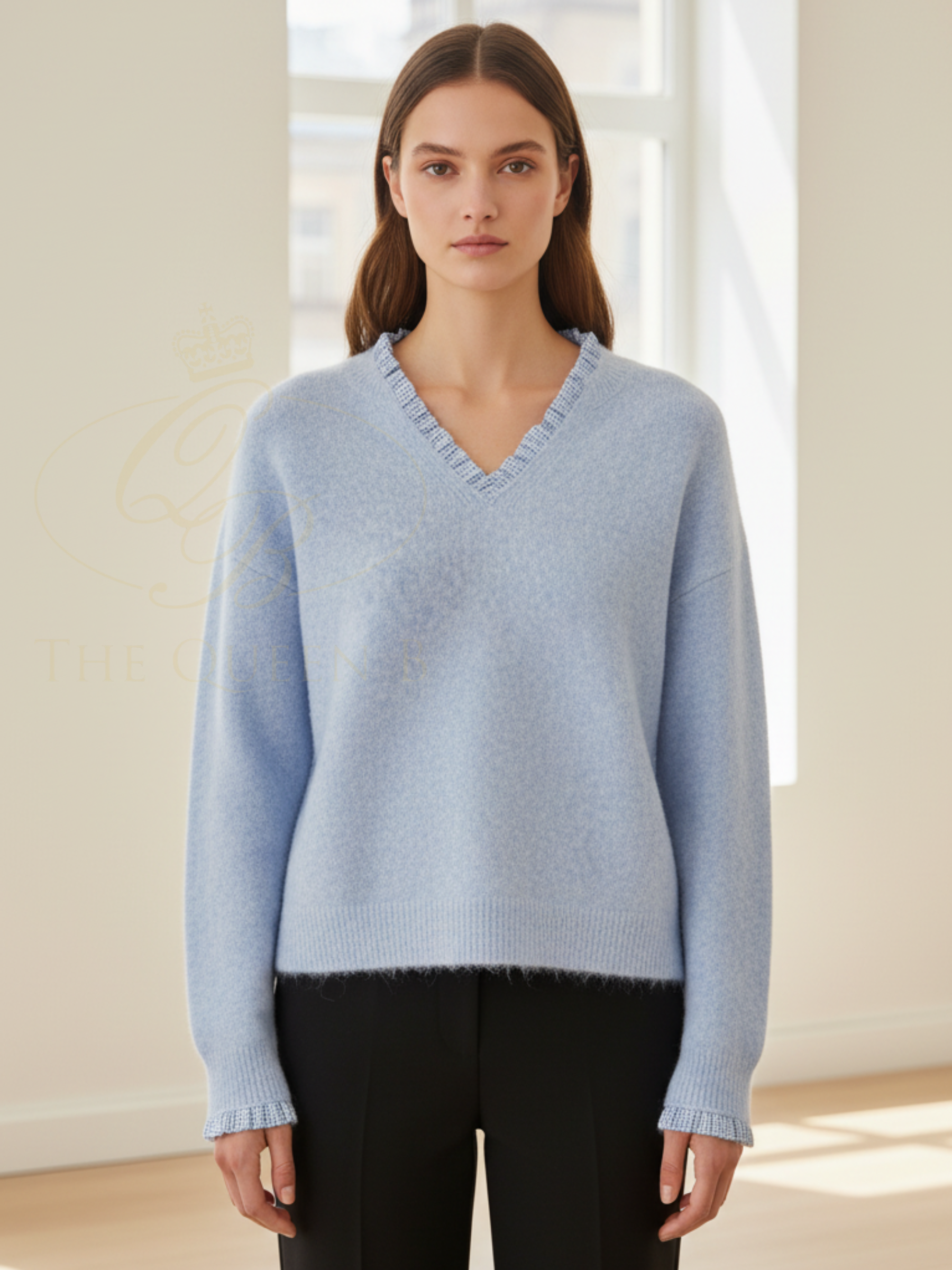 QBSS26 BC Harriet Frilly Gingham Trim Jumper with V-neckline, frilled trim detail and long sleeves.