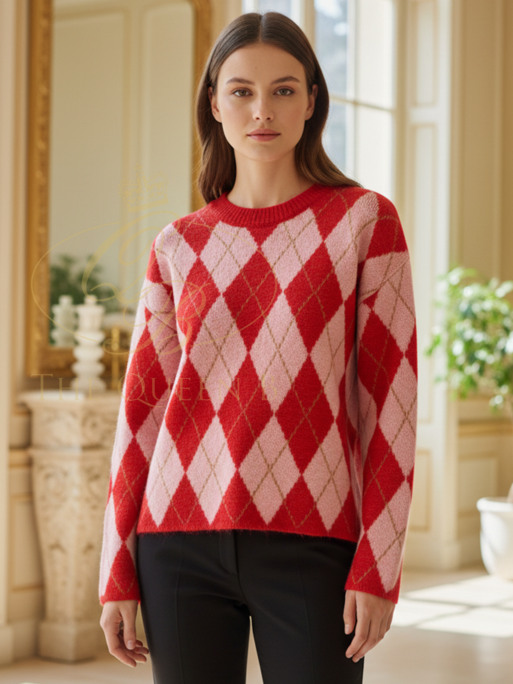 QBSS26 BC Iris Argyle Jumper with classic argyle pattern, long sleeves and round neckline.