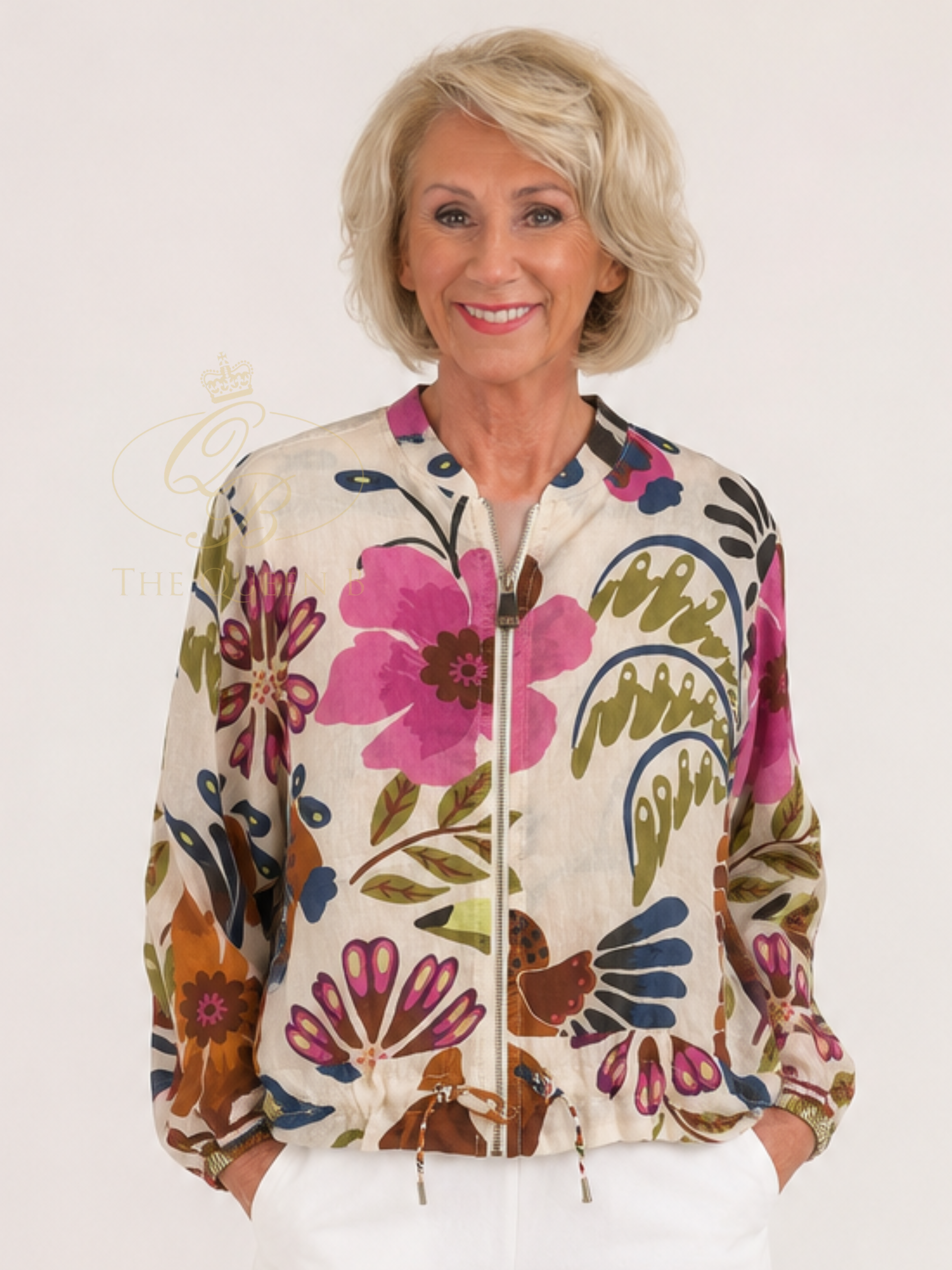 QBSS26 BC Kerry Floral Pattern Bomber Jacket with zip front, floral print, long sleeves and gathered hem