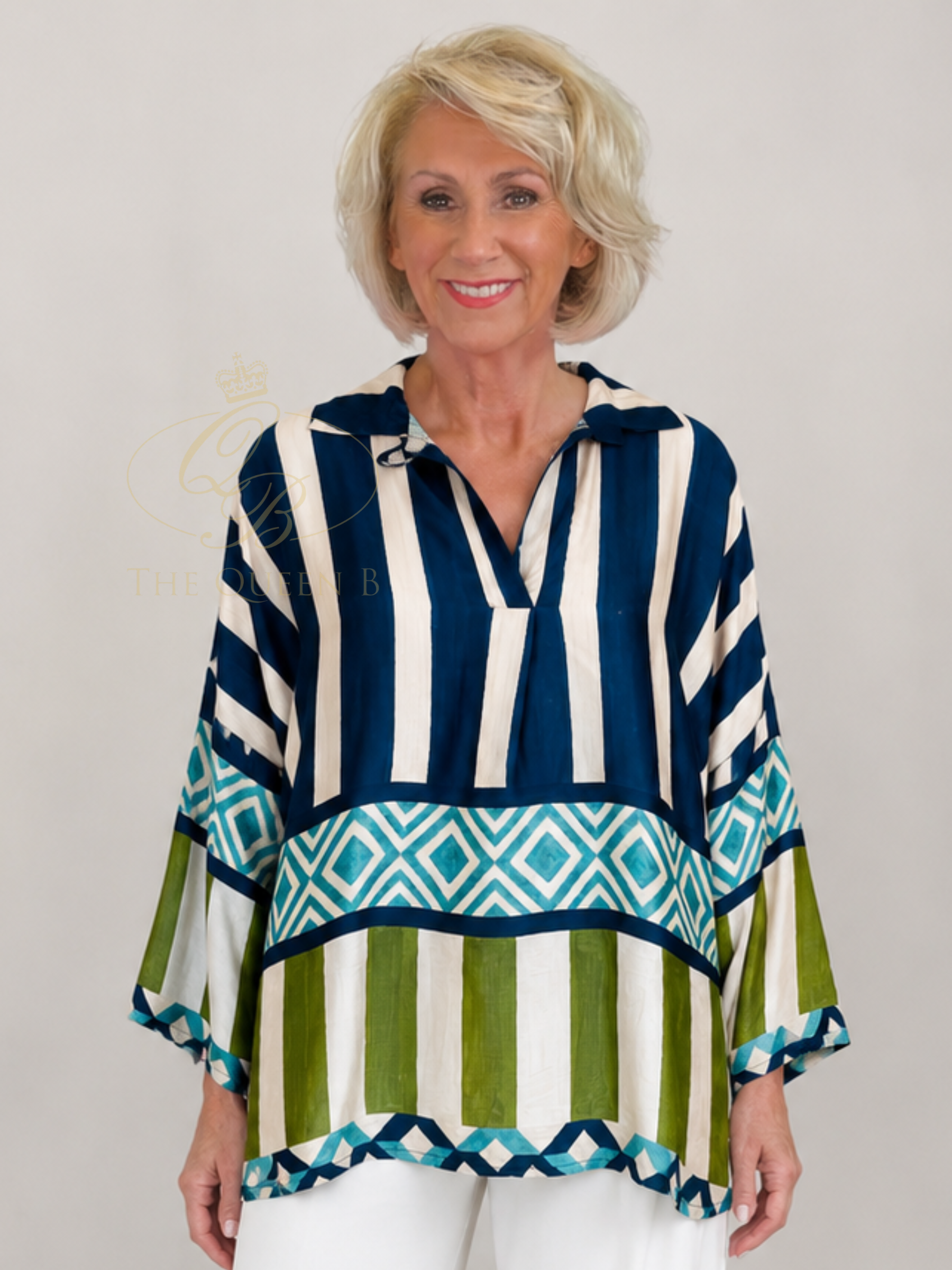 QBSS26 BC Sally Patterned Blouse with collar neckline, wide sleeves and mixed stripe geometric pattern