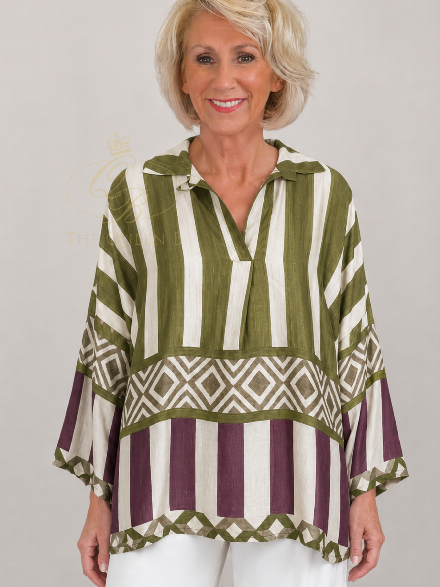 QBSS26 BC Sally Patterned Blouse with collar neckline, wide sleeves and mixed stripe geometric pattern
