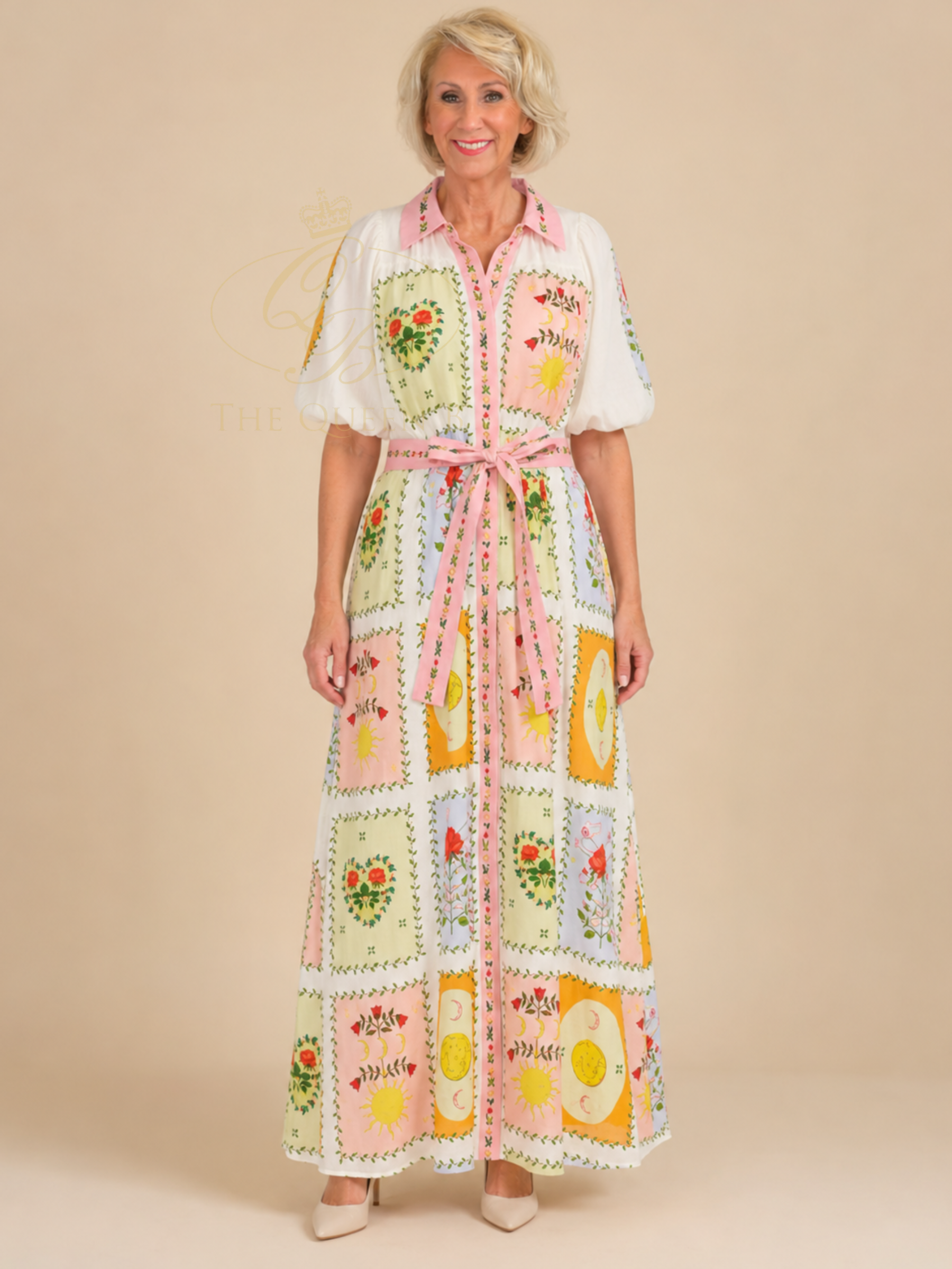QBSS26 CW SKL024 Maxi Shirt Dress with collar, button front, puff sleeves, tie waist and statement print
