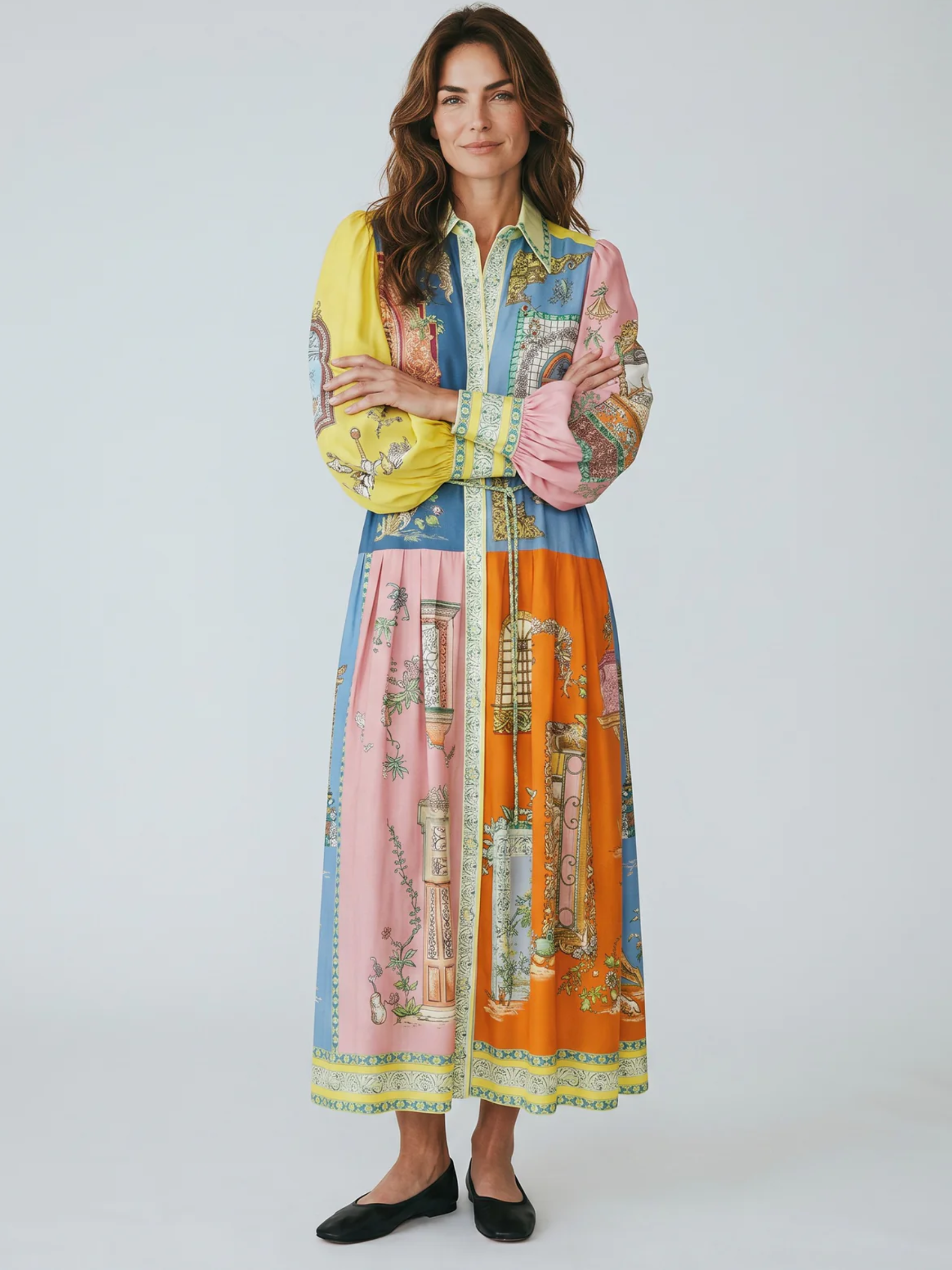 QBSS26 CW SKL066 Maxi Shirt Dress with collar, button front, long sleeves, flowing skirt and statement print