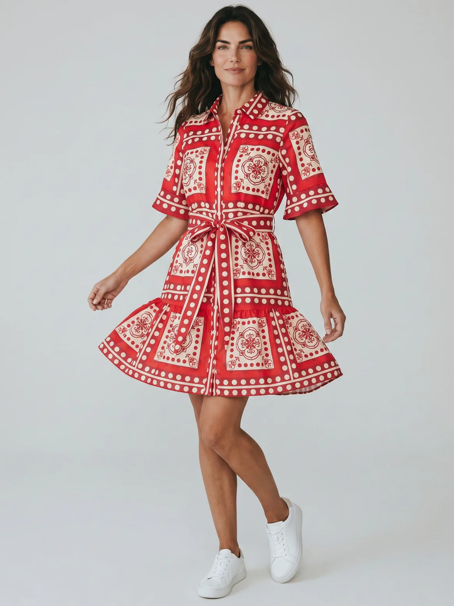 QBSS26 CW SKL075 Polka Dot Shirt Dress with collar, button front, short sleeves, tie waist and tiered hem